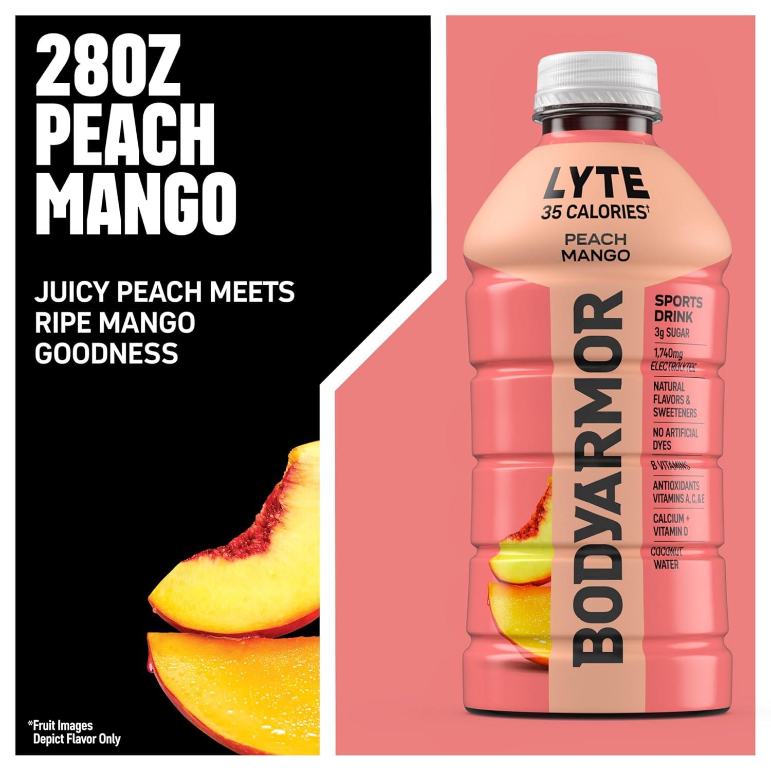 BODYARMOR LYTE, Peach Mango, Electrolyte Drink, 35 Calories, 28 Fl Oz Bottles (15 Pack), Coconut Water Sports Drink, Natural Flavor & B Vitamins(Peach Mango)
