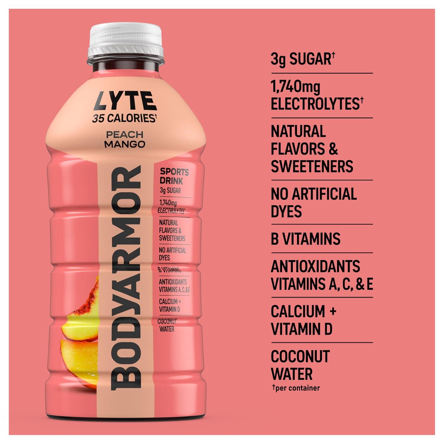 BODYARMOR LYTE, Peach Mango, Electrolyte Drink, 35 Calories, 28 Fl Oz Bottles (15 Pack), Coconut Water Sports Drink, Natural Flavor & B Vitamins(Peach Mango)