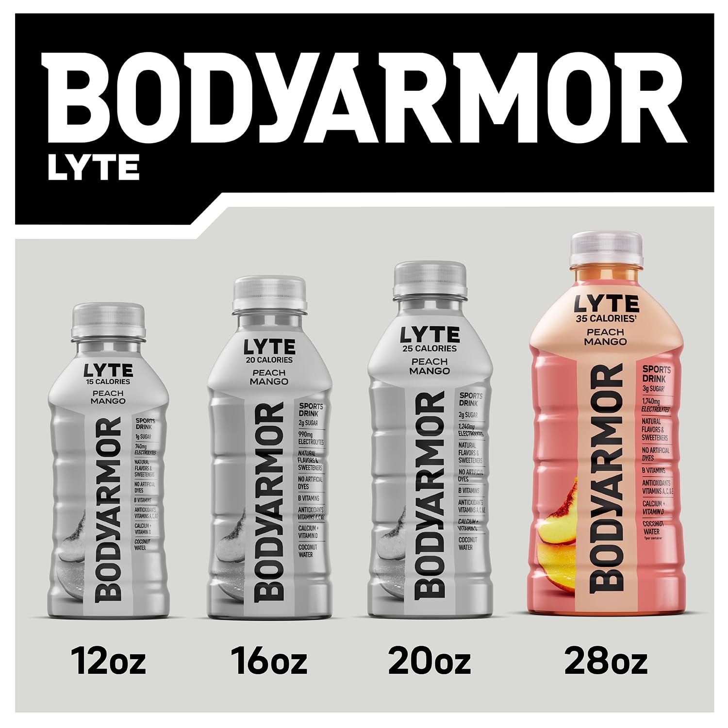 BODYARMOR LYTE, Peach Mango, Electrolyte Drink, 35 Calories, 28 Fl Oz Bottles (15 Pack), Coconut Water Sports Drink, Natural Flavor & B Vitamins(Peach Mango)