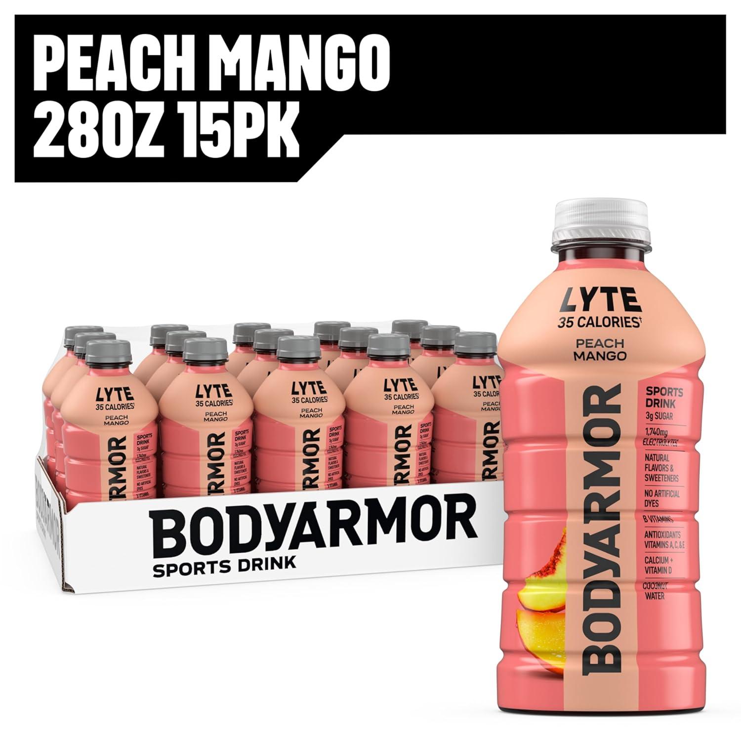 BODYARMOR LYTE, Peach Mango, Electrolyte Drink, 35 Calories, 28 Fl Oz Bottles (15 Pack), Coconut Water Sports Drink, Natural Flavor & B Vitamins(Peach Mango)