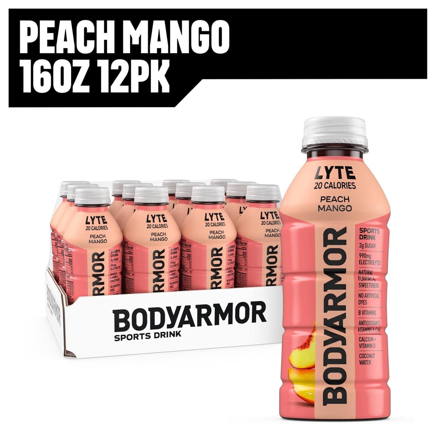 BODYARMOR ZERO Sugar Watermelon Strawberry Electrolyte Drink, Natural Flavors, 16 Fl Oz Bottles (12 Pack), B Vitamins & Antioxidants Sugar Free Hydration(Lyte Peach Mango)