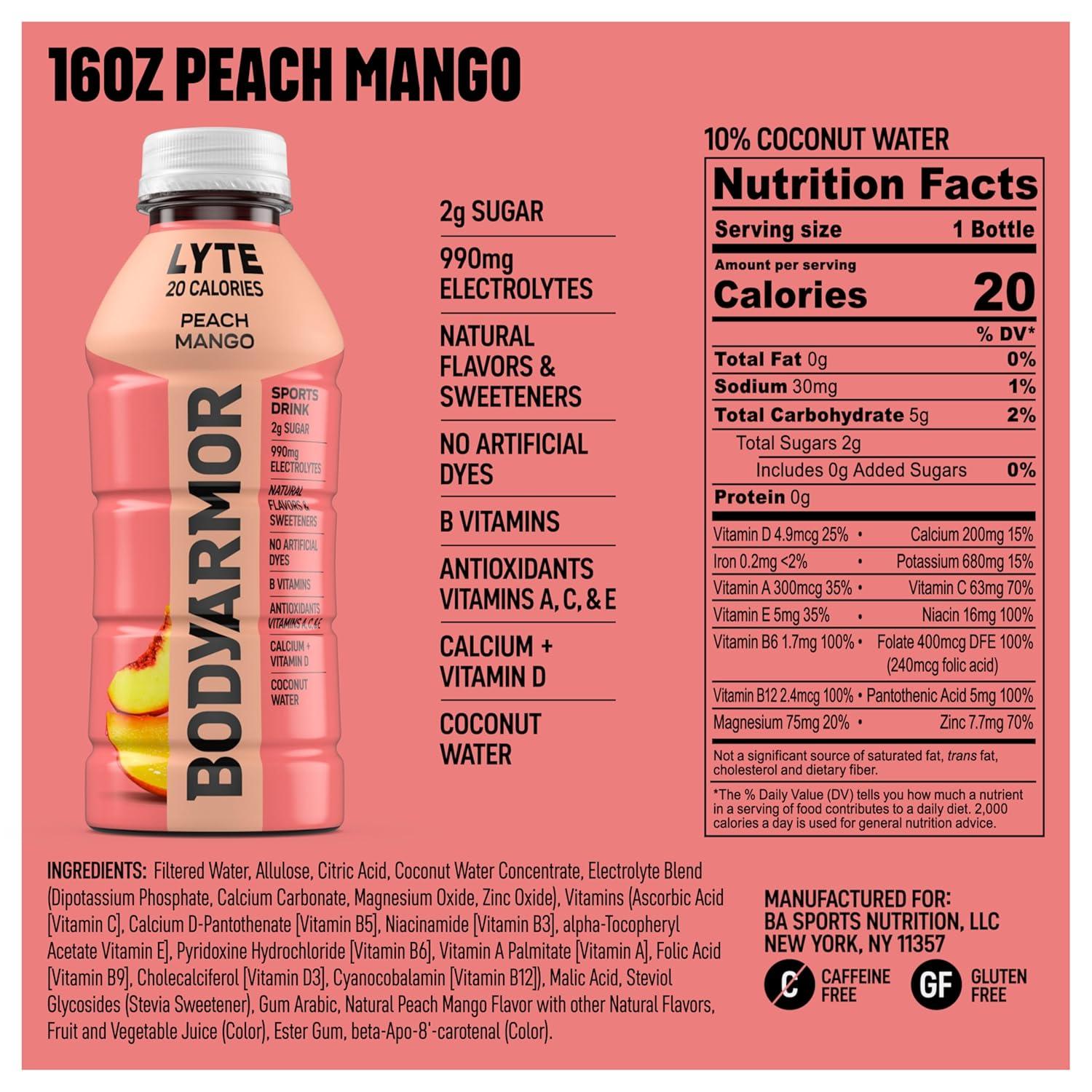BODYARMOR ZERO Sugar Watermelon Strawberry Electrolyte Drink, Natural Flavors, 16 Fl Oz Bottles (12 Pack), B Vitamins & Antioxidants Sugar Free Hydration(Lyte Peach Mango)