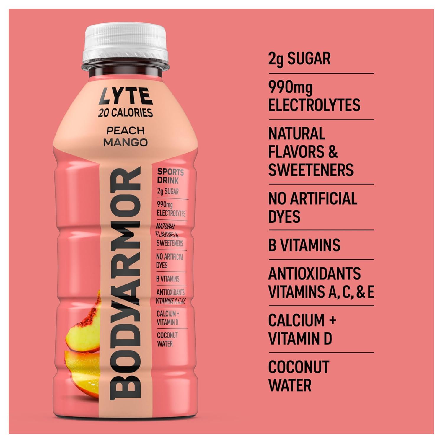 BODYARMOR ZERO Sugar Watermelon Strawberry Electrolyte Drink, Natural Flavors, 16 Fl Oz Bottles (12 Pack), B Vitamins & Antioxidants Sugar Free Hydration(Lyte Peach Mango)