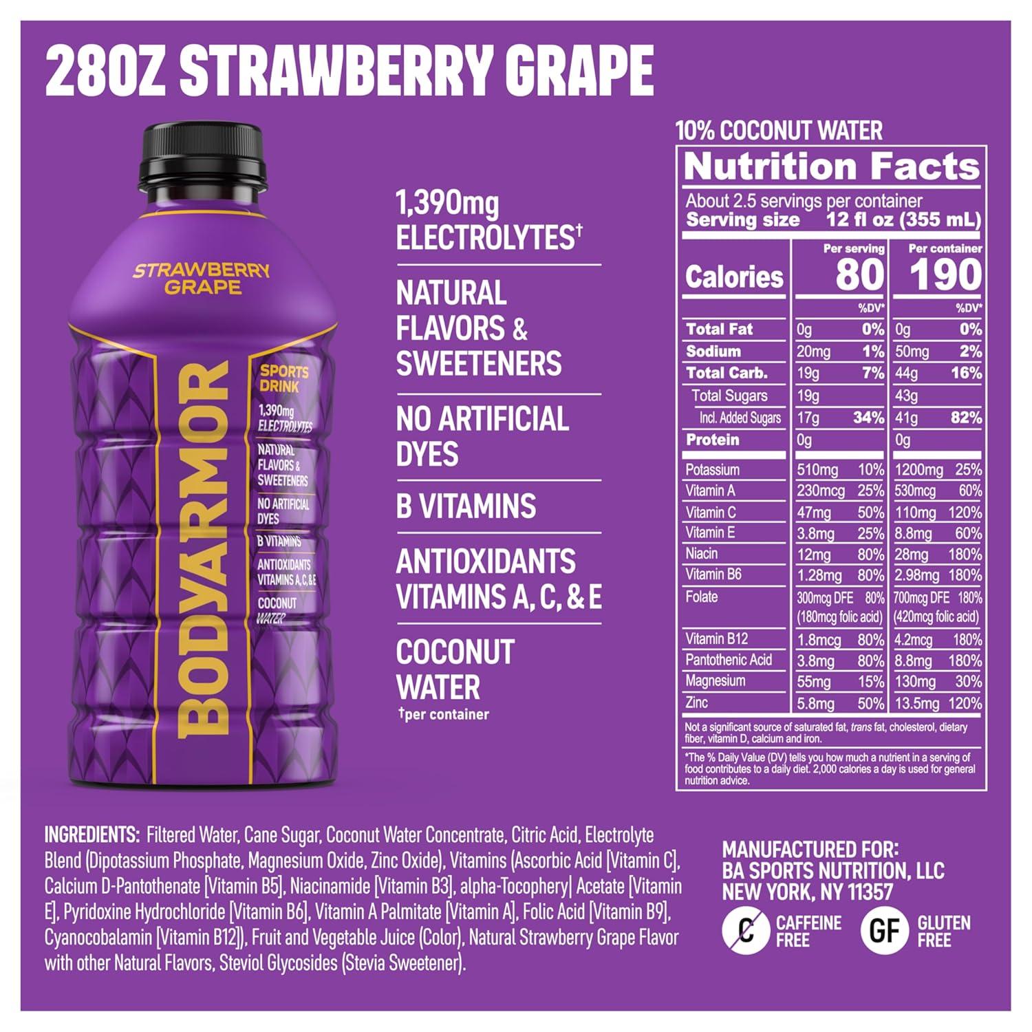 BODYARMOR Sports Drink, Blackout Berry, Electrolyte Drink Hydration, 28 Fl Oz Bottles (15 Pack), Flavored Coconut Water with B Vitamins & Antioxidants(Strawberry Grape)