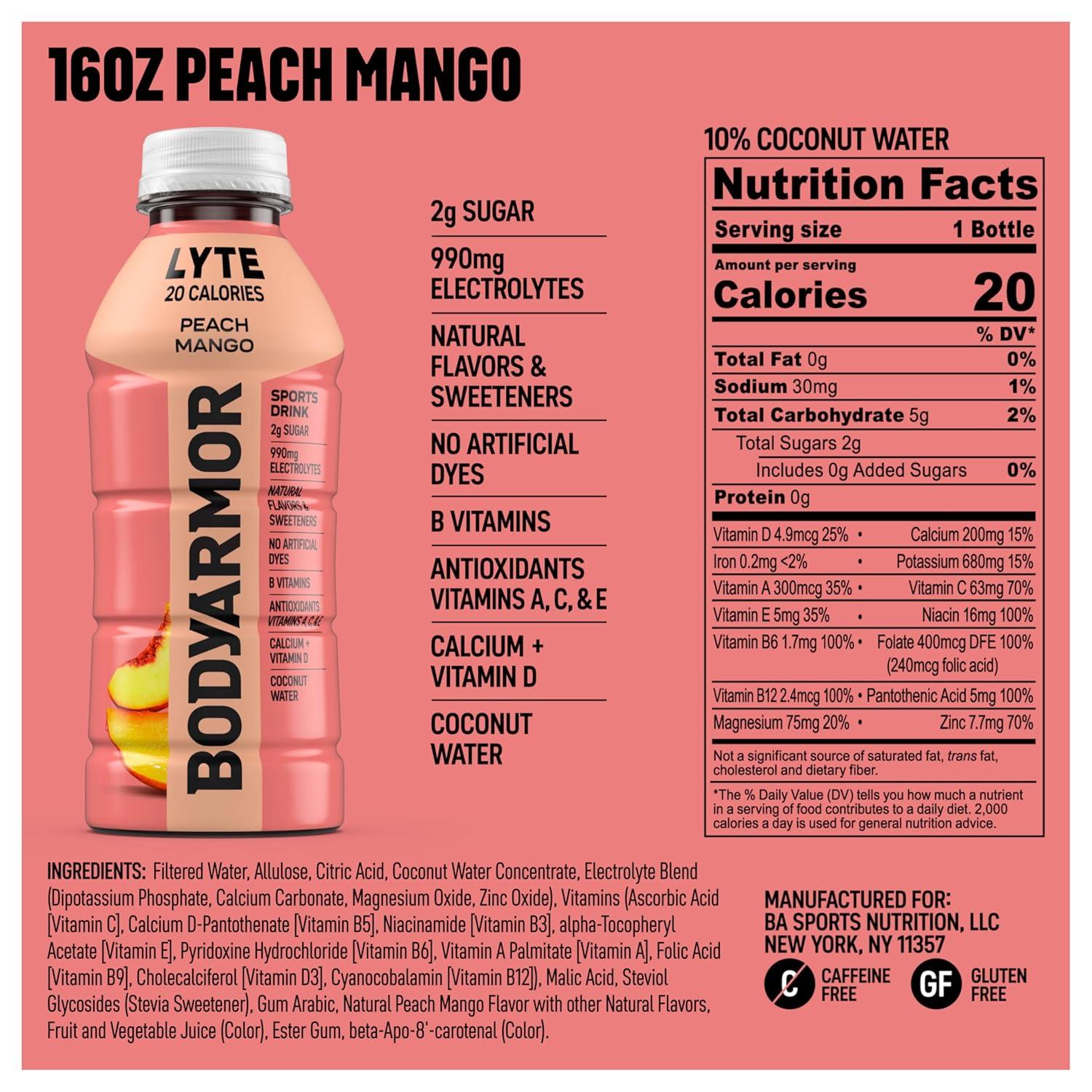 BODYARMOR ZERO Sugar Fruit Punch Electrolyte Drink, Natural Flavors, 20 Fl Oz Bottles (6 Pack), B Vitamins & Antioxidants Sugar Free Hydration(Lyte Peach Mango)