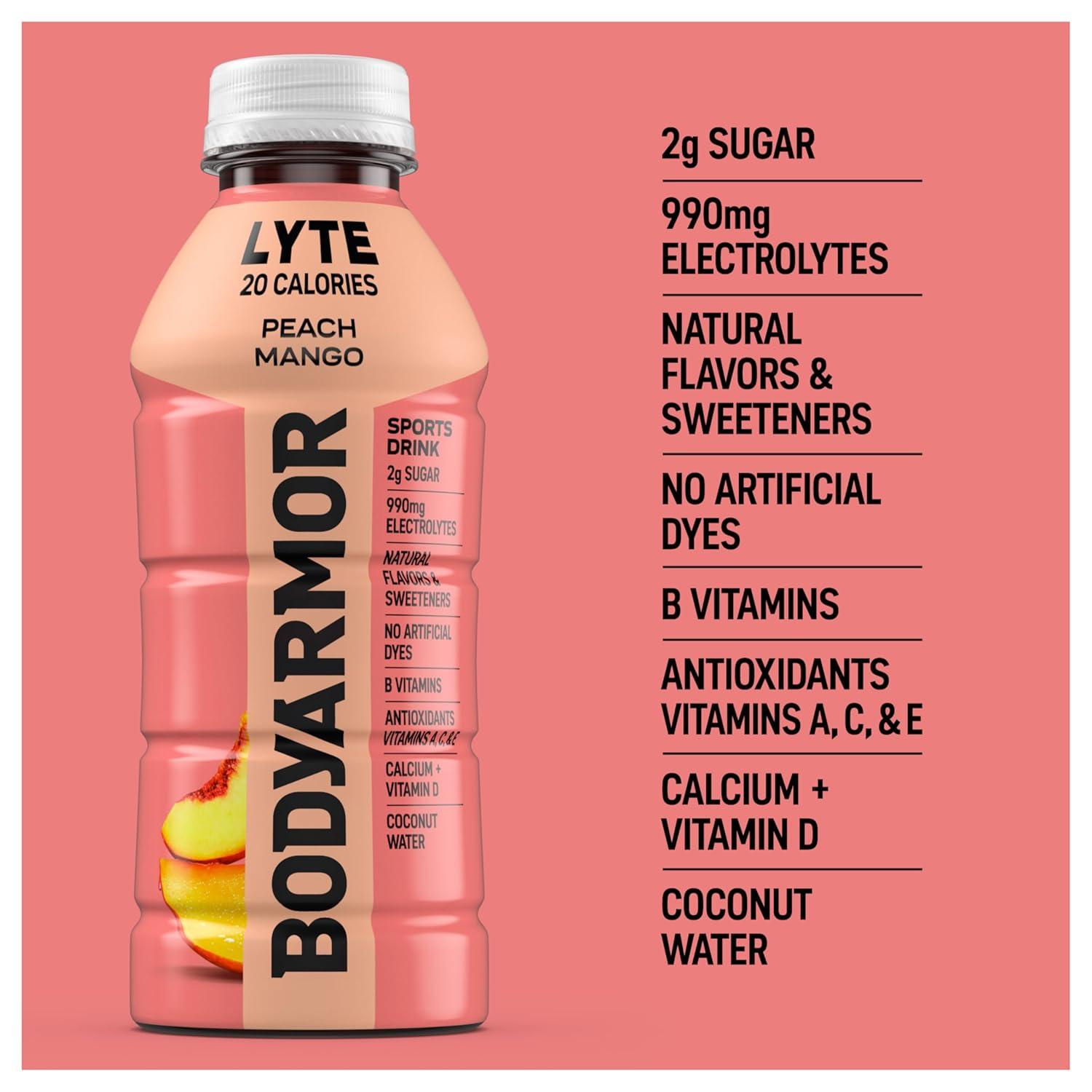 BODYARMOR ZERO Sugar Fruit Punch Electrolyte Drink, Natural Flavors, 20 Fl Oz Bottles (6 Pack), B Vitamins & Antioxidants Sugar Free Hydration(Lyte Peach Mango)