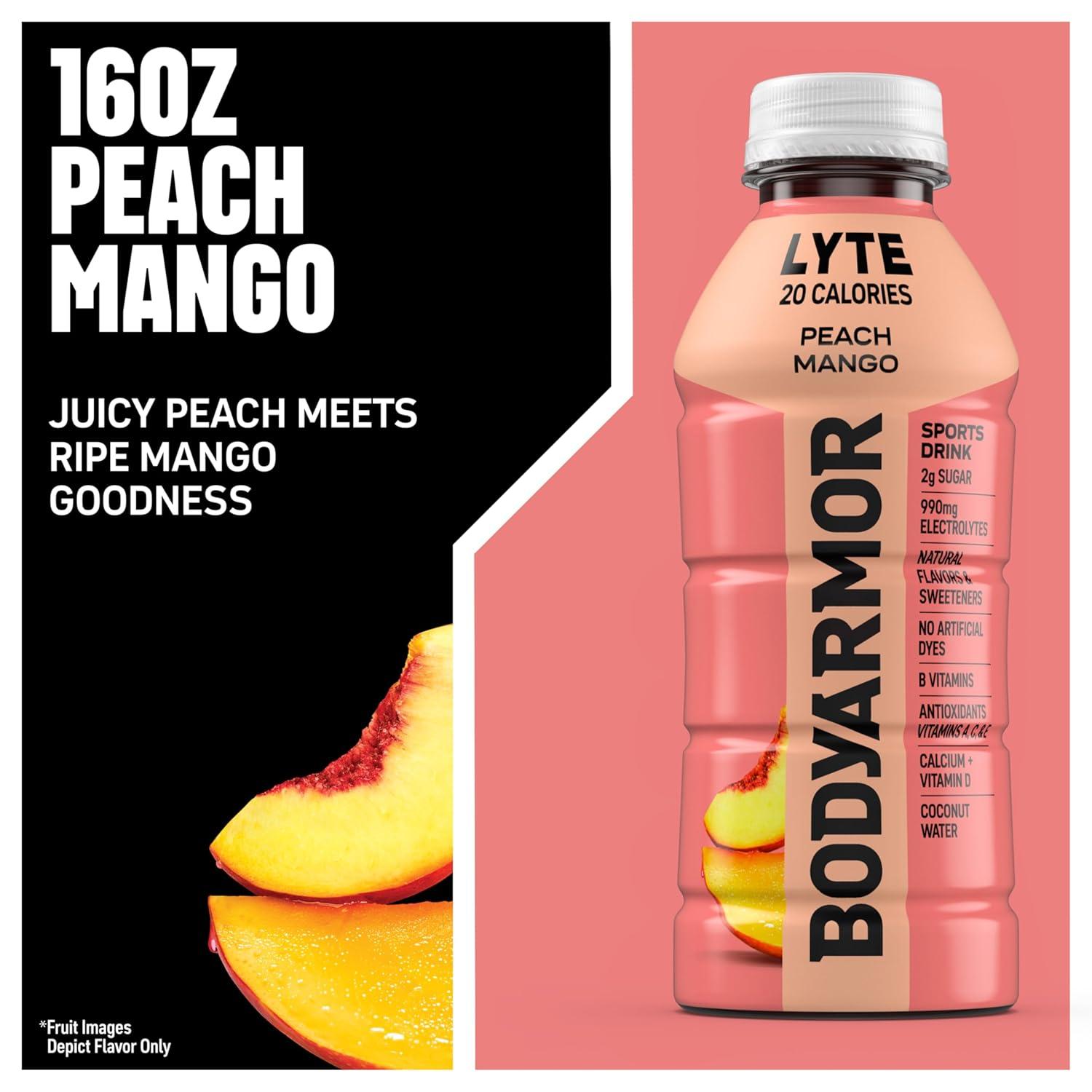 BODYARMOR ZERO Sugar Fruit Punch Electrolyte Drink, Natural Flavors, 20 Fl Oz Bottles (6 Pack), B Vitamins & Antioxidants Sugar Free Hydration(Lyte Peach Mango)