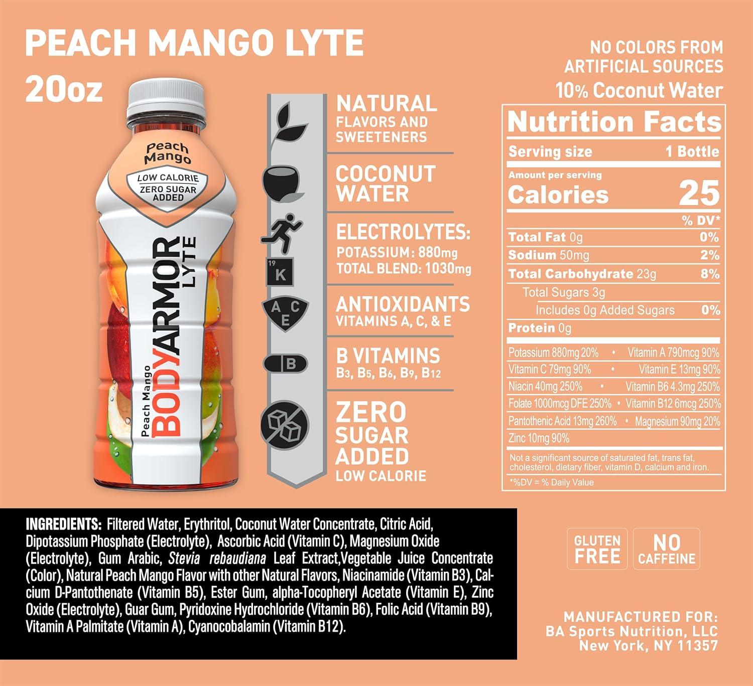 BODYARMOR ZERO Sugar Fruit Punch Electrolyte Drink, Natural Flavors, 20 Fl Oz Bottles (6 Pack), B Vitamins & Antioxidants Sugar Free Hydration(Lyte Peach Mango)