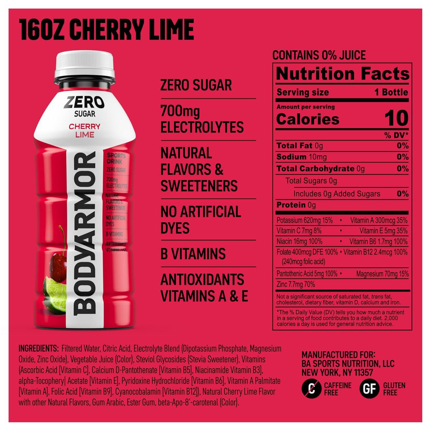 BODYARMOR ZERO Sugar Fruit Punch Electrolyte Drink, Natural Flavors, 20 Fl Oz Bottles (6 Pack), B Vitamins & Antioxidants Sugar Free Hydration(Zero Cherry Lime)
