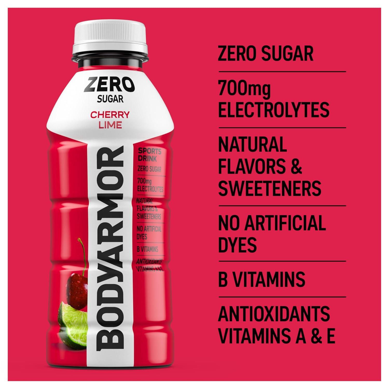 BODYARMOR ZERO Sugar Fruit Punch Electrolyte Drink, Natural Flavors, 20 Fl Oz Bottles (6 Pack), B Vitamins & Antioxidants Sugar Free Hydration(Zero Cherry Lime)