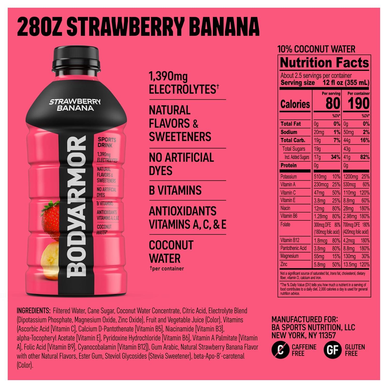 BODYARMOR Sports Drink, Blackout Berry, Electrolyte Drink Hydration, 28 Fl Oz Bottles (15 Pack), Flavored Coconut Water with B Vitamins & Antioxidants(Strawberry Banana)