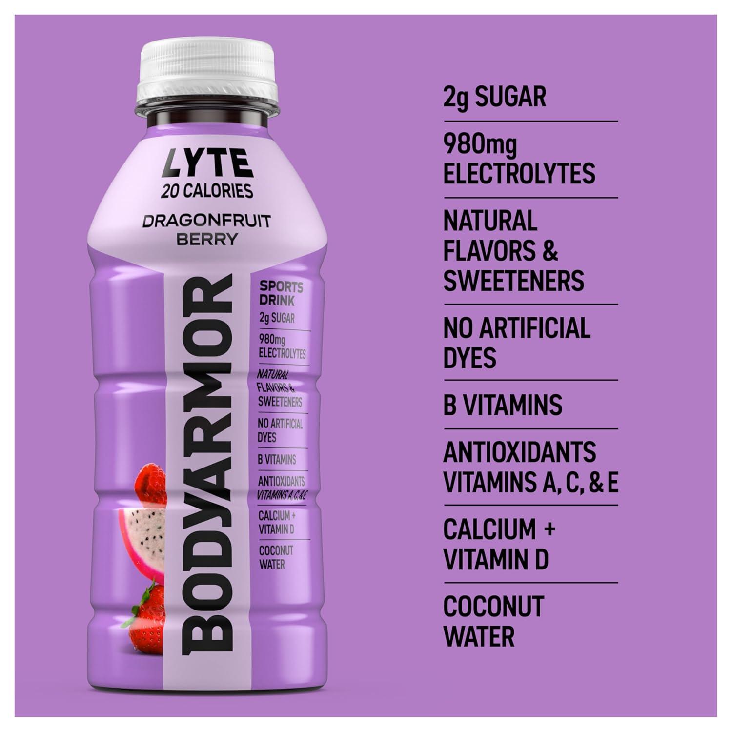 BODYARMOR ZERO Sugar Fruit Punch Electrolyte Drink, Natural Flavors, 20 Fl Oz Bottles (6 Pack), B Vitamins & Antioxidants Sugar Free Hydration(Lyte Dragonfruit Berry)