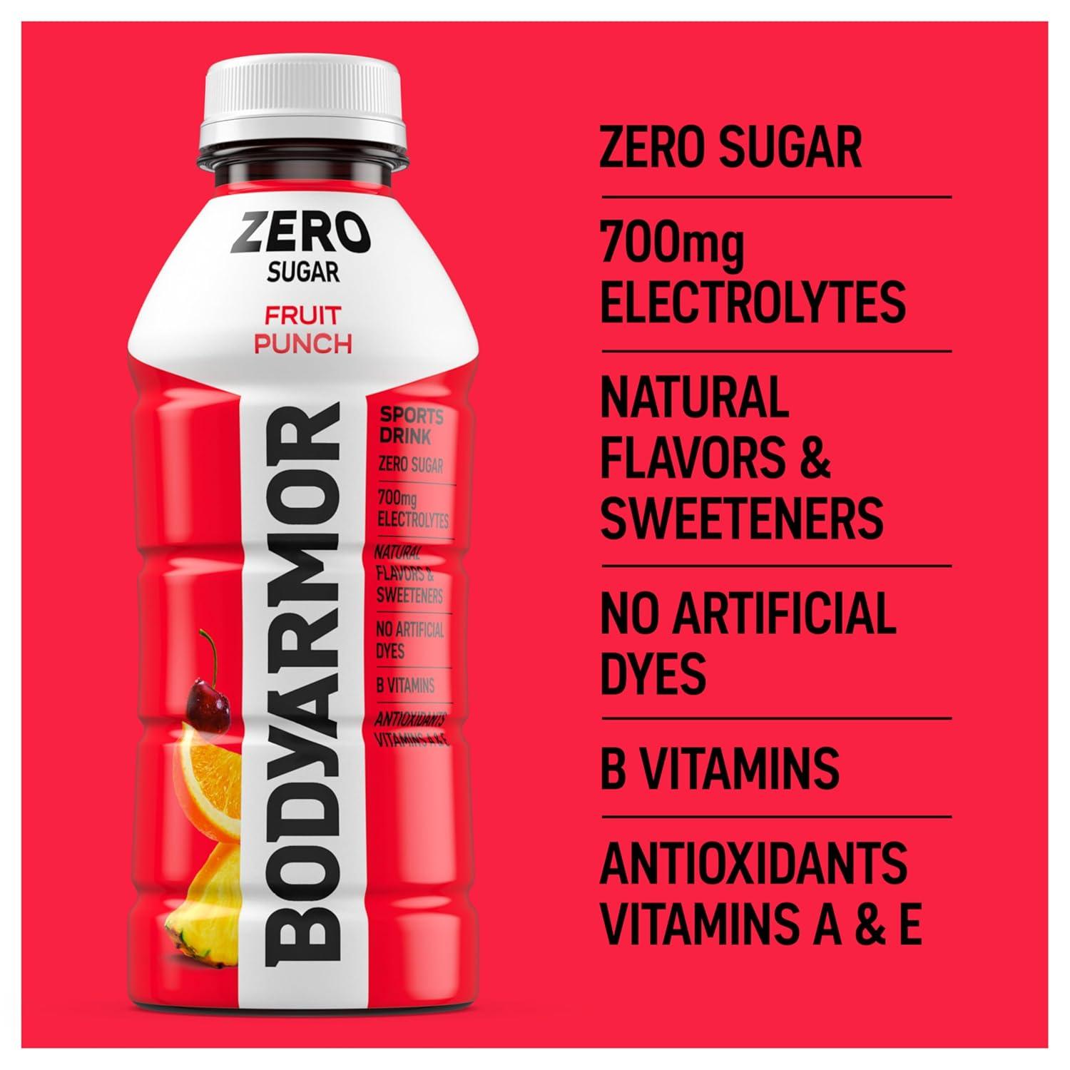 BODYARMOR ZERO Sugar Fruit Punch Electrolyte Drink, Natural Flavors, 20 Fl Oz Bottles (6 Pack), B Vitamins & Antioxidants Sugar Free Hydration(Zero Fruit Punch)