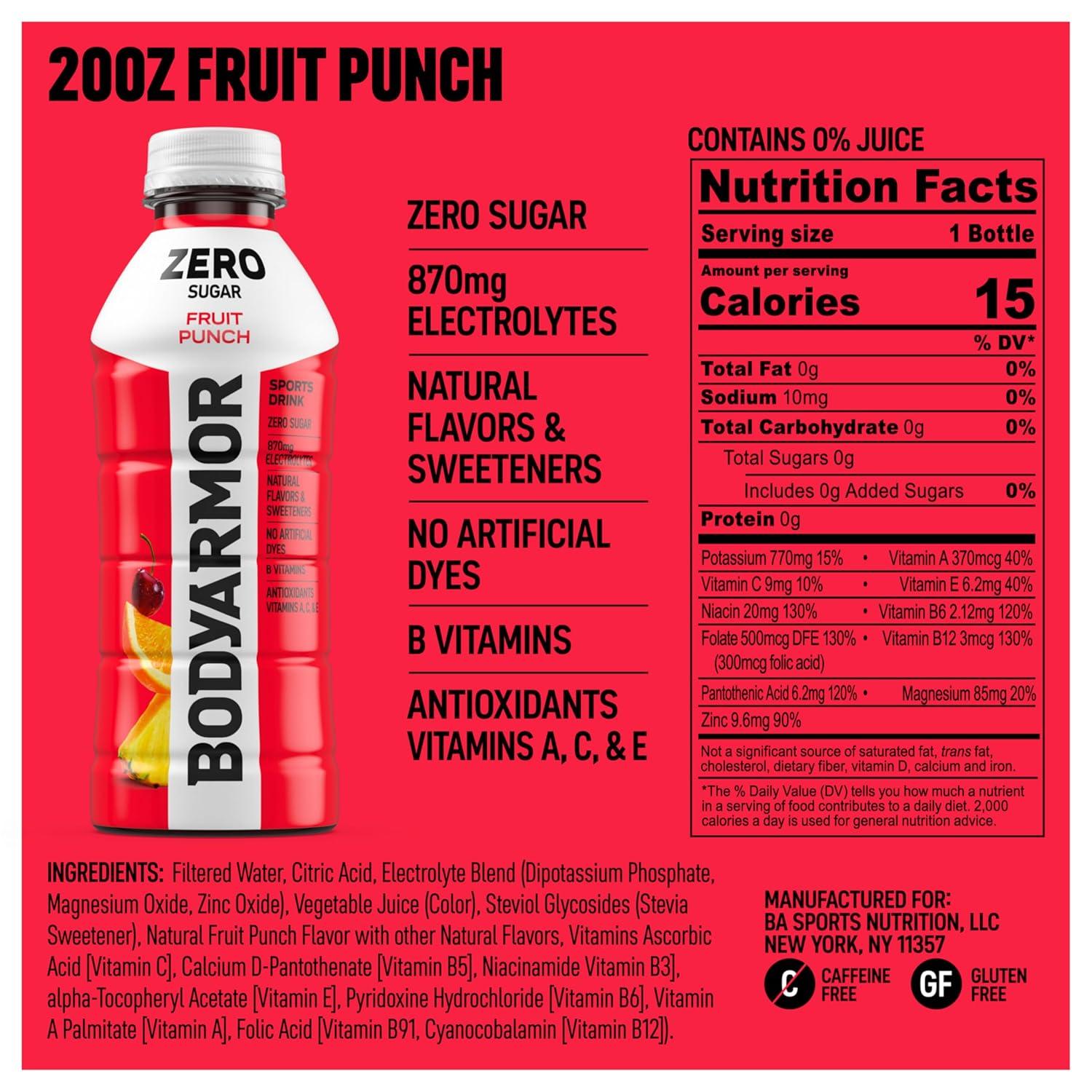 BODYARMOR ZERO Sugar Fruit Punch Electrolyte Drink, Natural Flavors, 20 Fl Oz Bottles (6 Pack), B Vitamins & Antioxidants Sugar Free Hydration(Zero Fruit Punch)