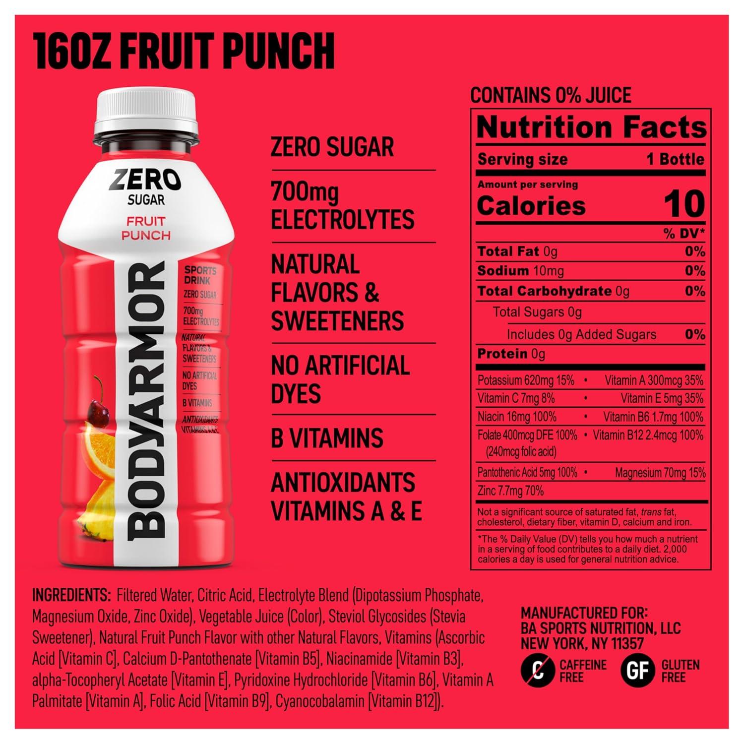 BODYARMOR ZERO Sugar Fruit Punch Electrolyte Drink, Natural Flavors, 20 Fl Oz Bottles (6 Pack), B Vitamins & Antioxidants Sugar Free Hydration(Zero Fruit Punch)