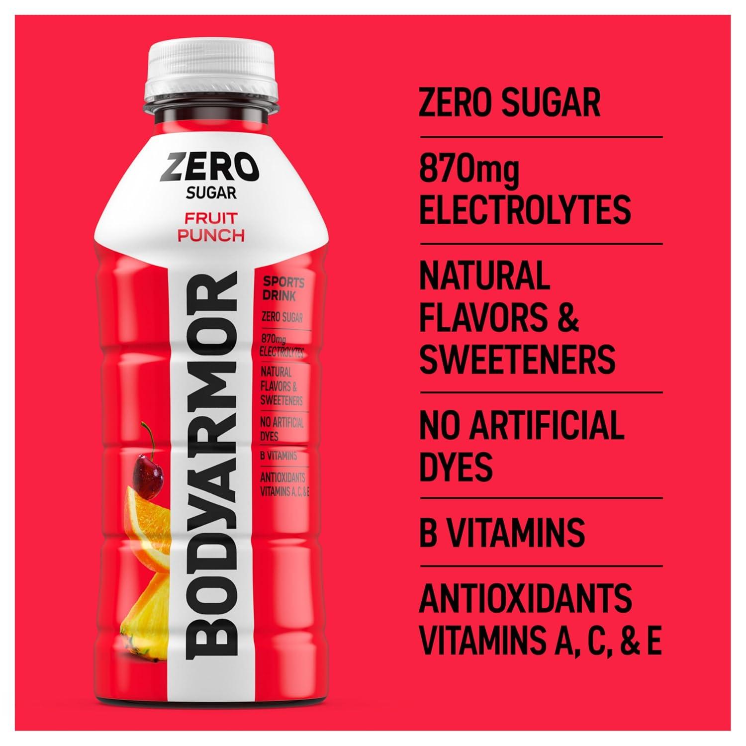 BODYARMOR ZERO Sugar Fruit Punch Electrolyte Drink, Natural Flavors, 20 Fl Oz Bottles (6 Pack), B Vitamins & Antioxidants Sugar Free Hydration(Zero Fruit Punch)