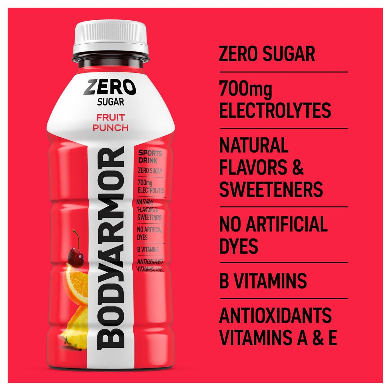 BODYARMOR ZERO Sugar Fruit Punch Electrolyte Drink, Natural Flavors, 20 Fl Oz Bottles (6 Pack), B Vitamins & Antioxidants Sugar Free Hydration(Zero Fruit Punch)