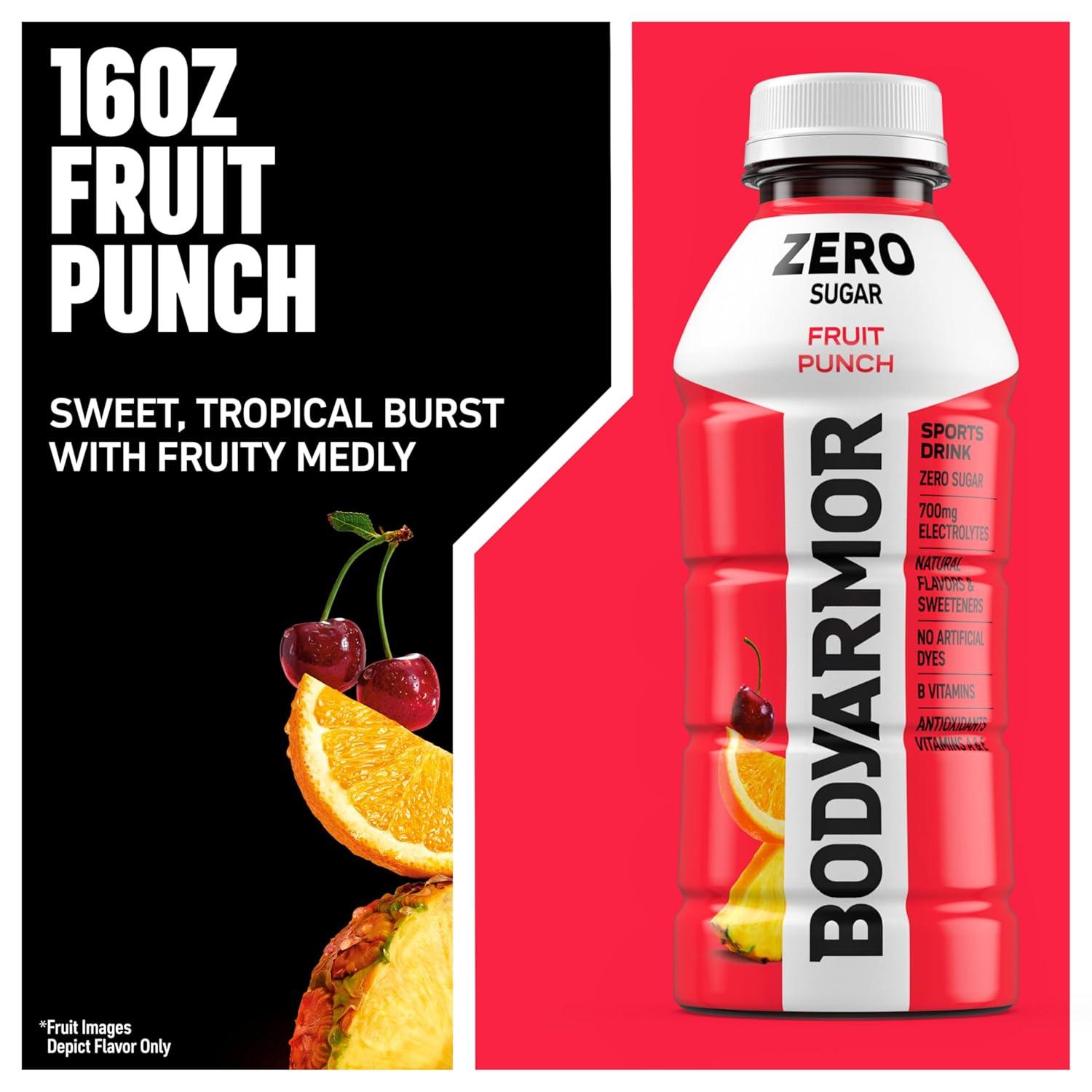 BODYARMOR ZERO Sugar Fruit Punch Electrolyte Drink, Natural Flavors, 20 Fl Oz Bottles (6 Pack), B Vitamins & Antioxidants Sugar Free Hydration(Zero Fruit Punch)