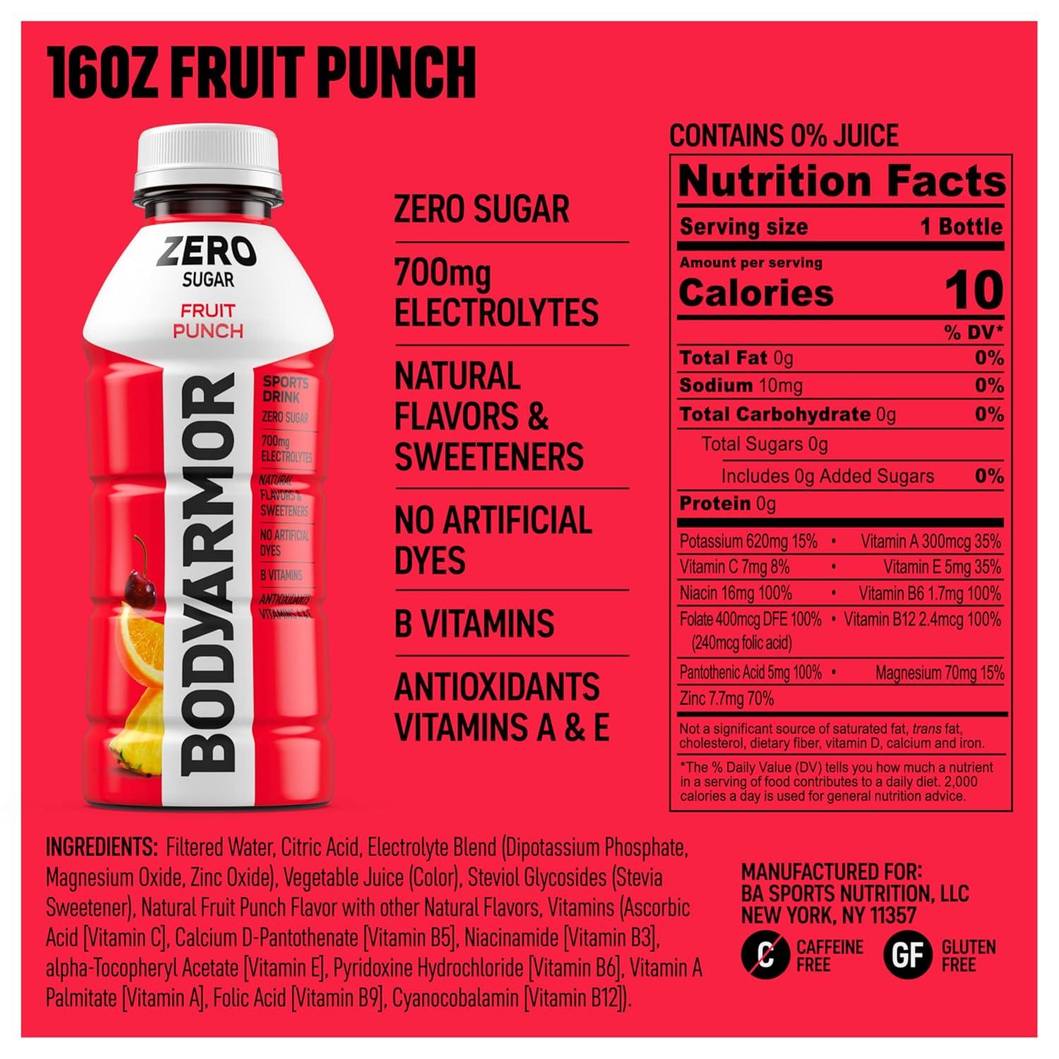 BODYARMOR ZERO Sugar Fruit Punch Electrolyte Drink, Natural Flavors, 20 Fl Oz Bottles (6 Pack), B Vitamins & Antioxidants Sugar Free Hydration(Zero Fruit Punch)