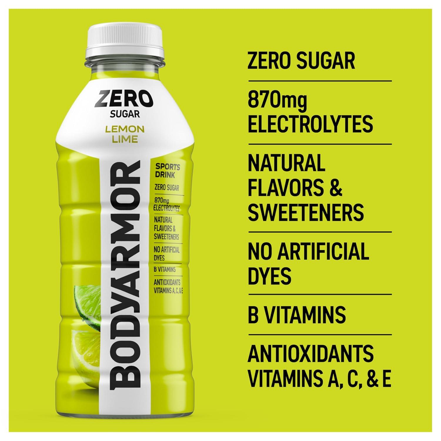 BODYARMOR ZERO Sugar Fruit Punch Electrolyte Drink, Natural Flavors, 20 Fl Oz Bottles (6 Pack), B Vitamins & Antioxidants Sugar Free Hydration(Zero Lemon Lime)
