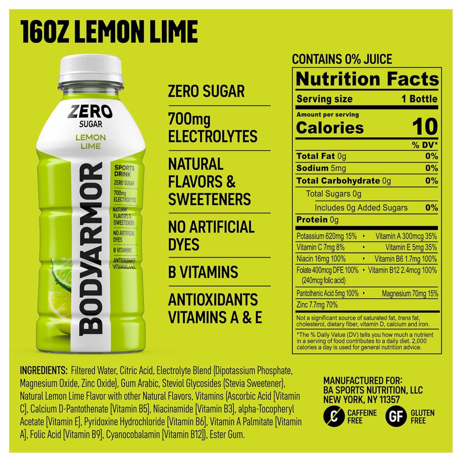 BODYARMOR ZERO Sugar Fruit Punch Electrolyte Drink, Natural Flavors, 20 Fl Oz Bottles (6 Pack), B Vitamins & Antioxidants Sugar Free Hydration(Zero Lemon Lime)