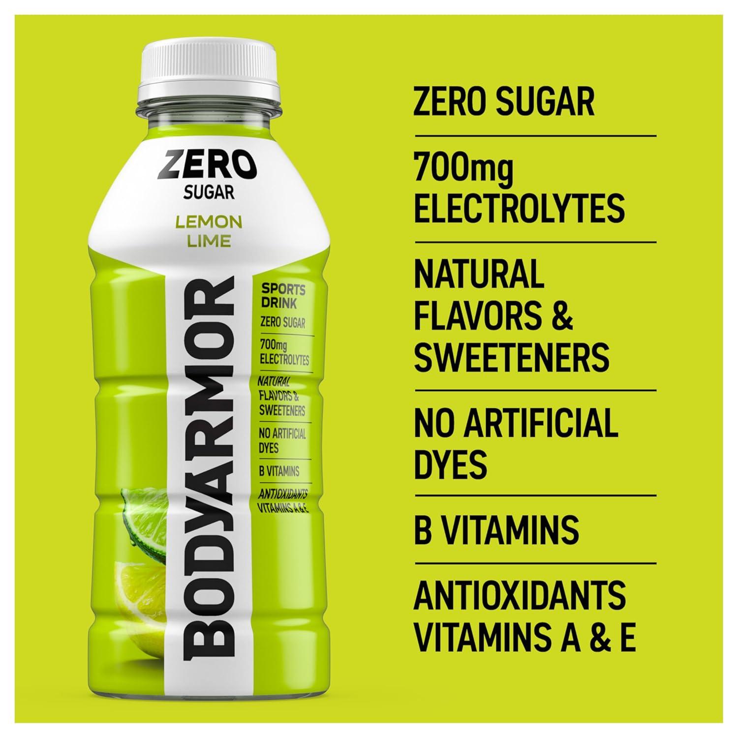 BODYARMOR ZERO Sugar Fruit Punch Electrolyte Drink, Natural Flavors, 20 Fl Oz Bottles (6 Pack), B Vitamins & Antioxidants Sugar Free Hydration(Zero Lemon Lime)