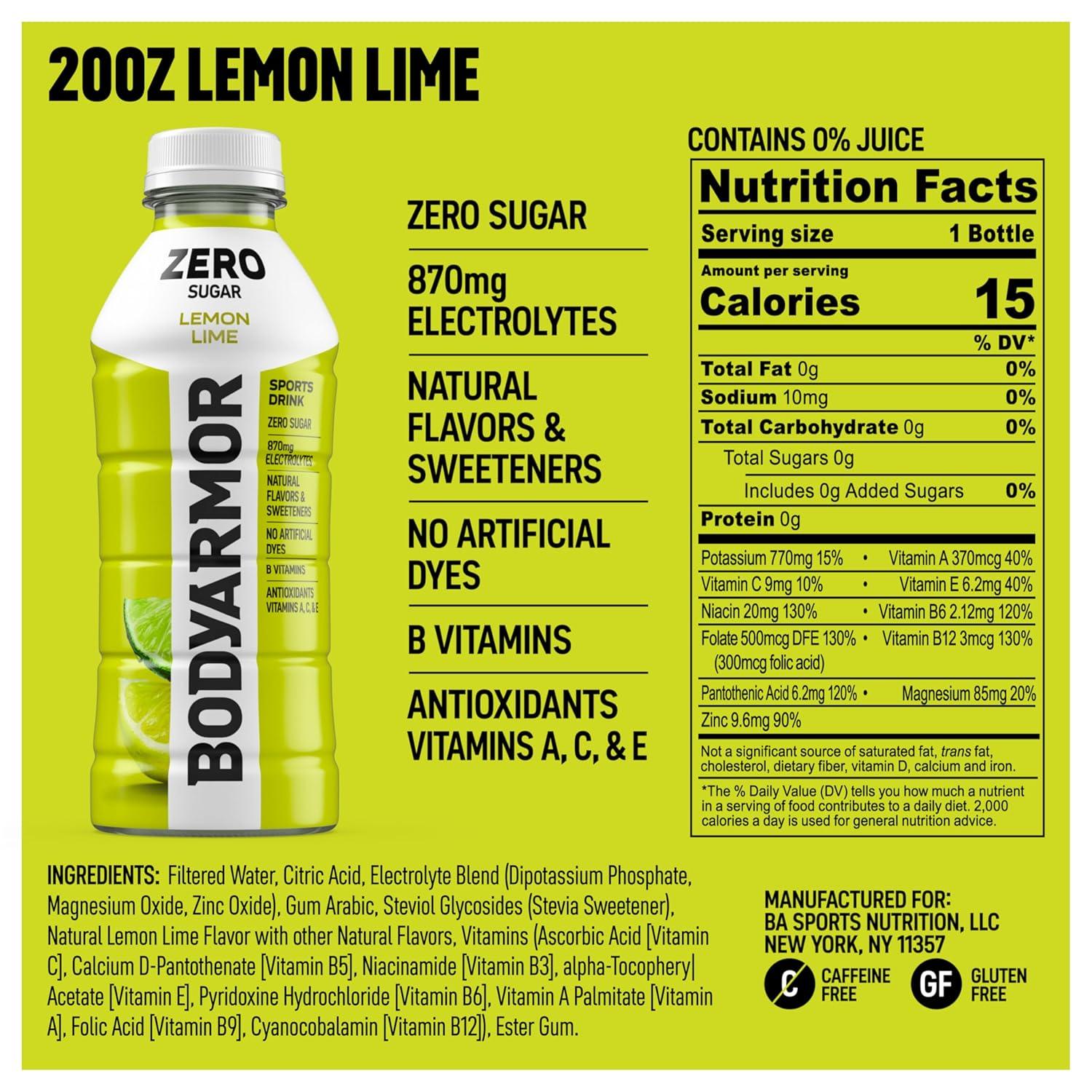 BODYARMOR ZERO Sugar Fruit Punch Electrolyte Drink, Natural Flavors, 20 Fl Oz Bottles (6 Pack), B Vitamins & Antioxidants Sugar Free Hydration(Zero Lemon Lime)