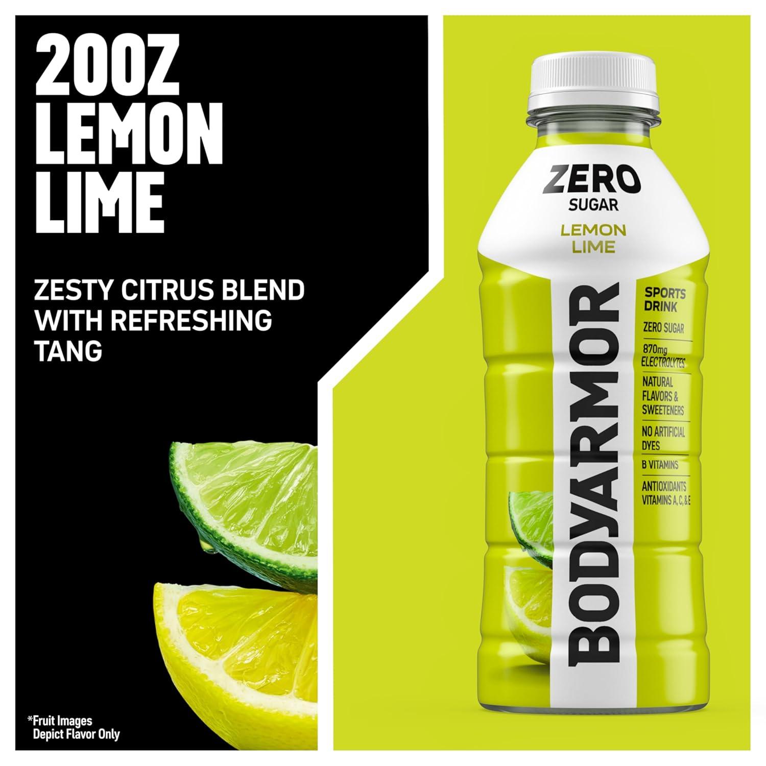 BODYARMOR ZERO Sugar Fruit Punch Electrolyte Drink, Natural Flavors, 20 Fl Oz Bottles (6 Pack), B Vitamins & Antioxidants Sugar Free Hydration(Zero Lemon Lime)