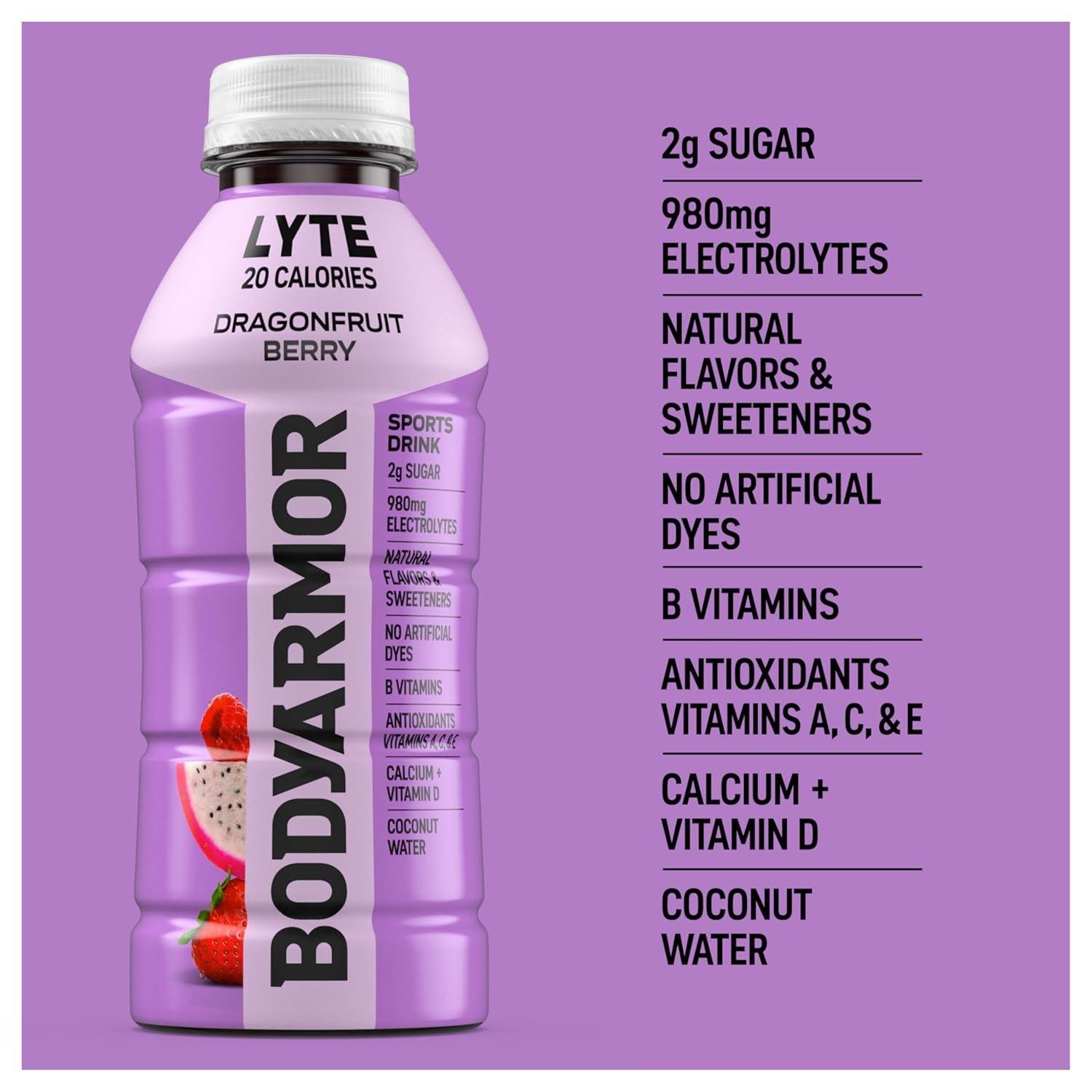 BODYARMOR ZERO Sugar Watermelon Strawberry Electrolyte Drink, Natural Flavors, 16 Fl Oz Bottles (12 Pack), B Vitamins & Antioxidants Sugar Free Hydration(Lyte Dragonfruit Berry)