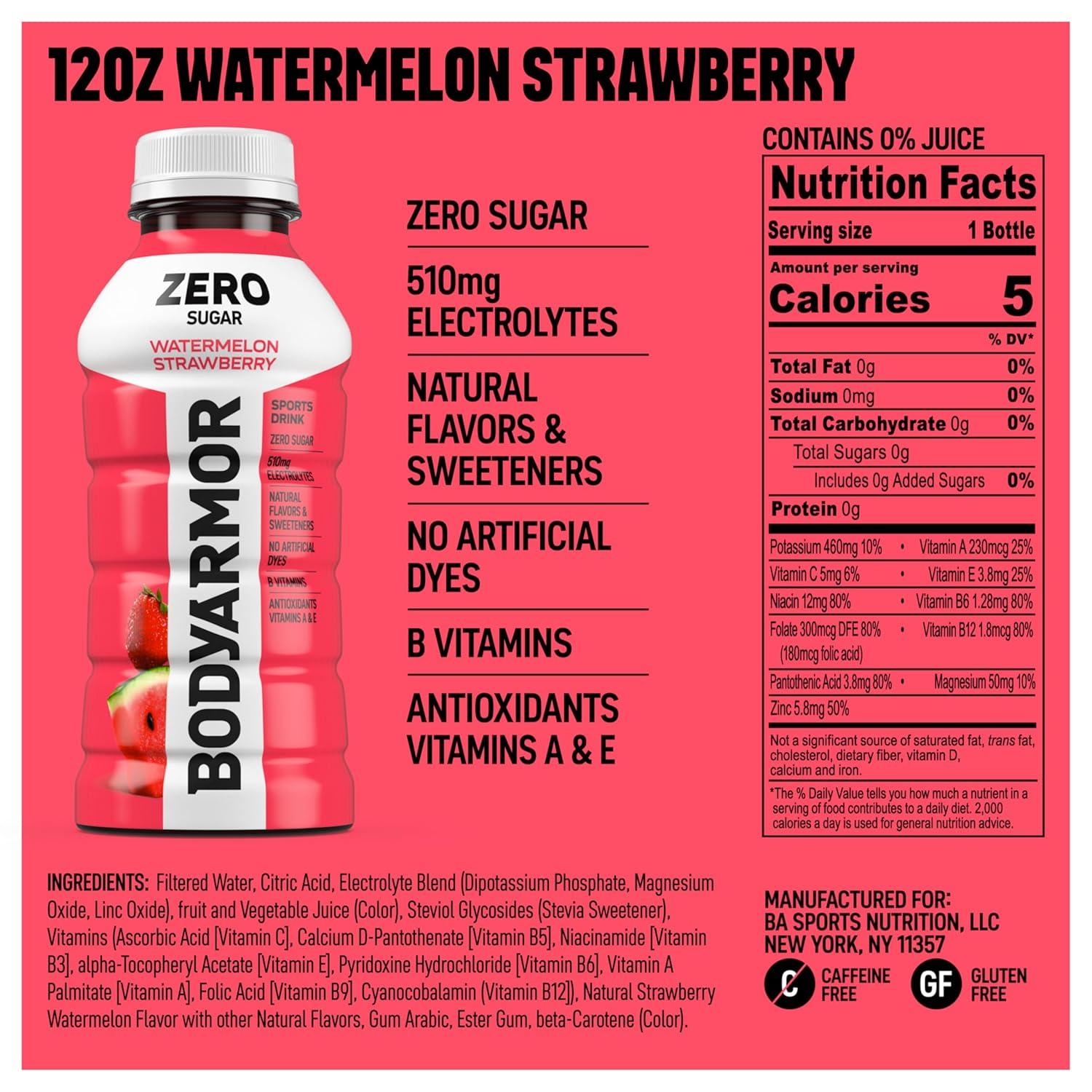 BODYARMOR ZERO Sugar Fruit Punch Electrolyte Drink, Natural Flavors, 20 Fl Oz Bottles (6 Pack), B Vitamins & Antioxidants Sugar Free Hydration(Zero Watermelon Strawberry)