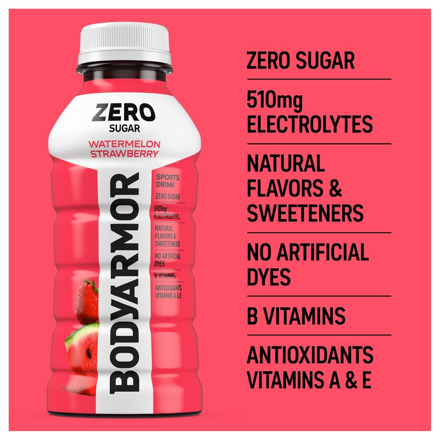 BODYARMOR ZERO Sugar Fruit Punch Electrolyte Drink, Natural Flavors, 20 Fl Oz Bottles (6 Pack), B Vitamins & Antioxidants Sugar Free Hydration(Zero Watermelon Strawberry)