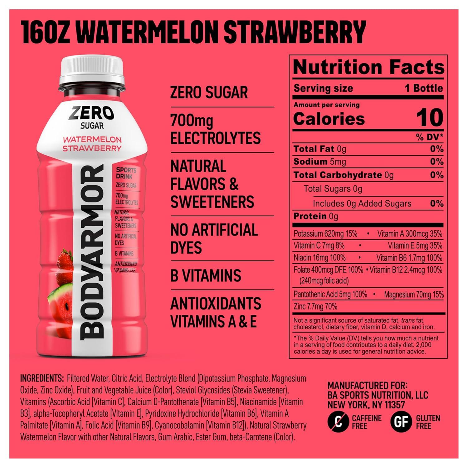 BODYARMOR ZERO Sugar Watermelon Strawberry Electrolyte Drink, Natural Flavors, 16 Fl Oz Bottles (12 Pack), B Vitamins & Antioxidants Sugar Free Hydration(Zero Watermelon Strawberry)