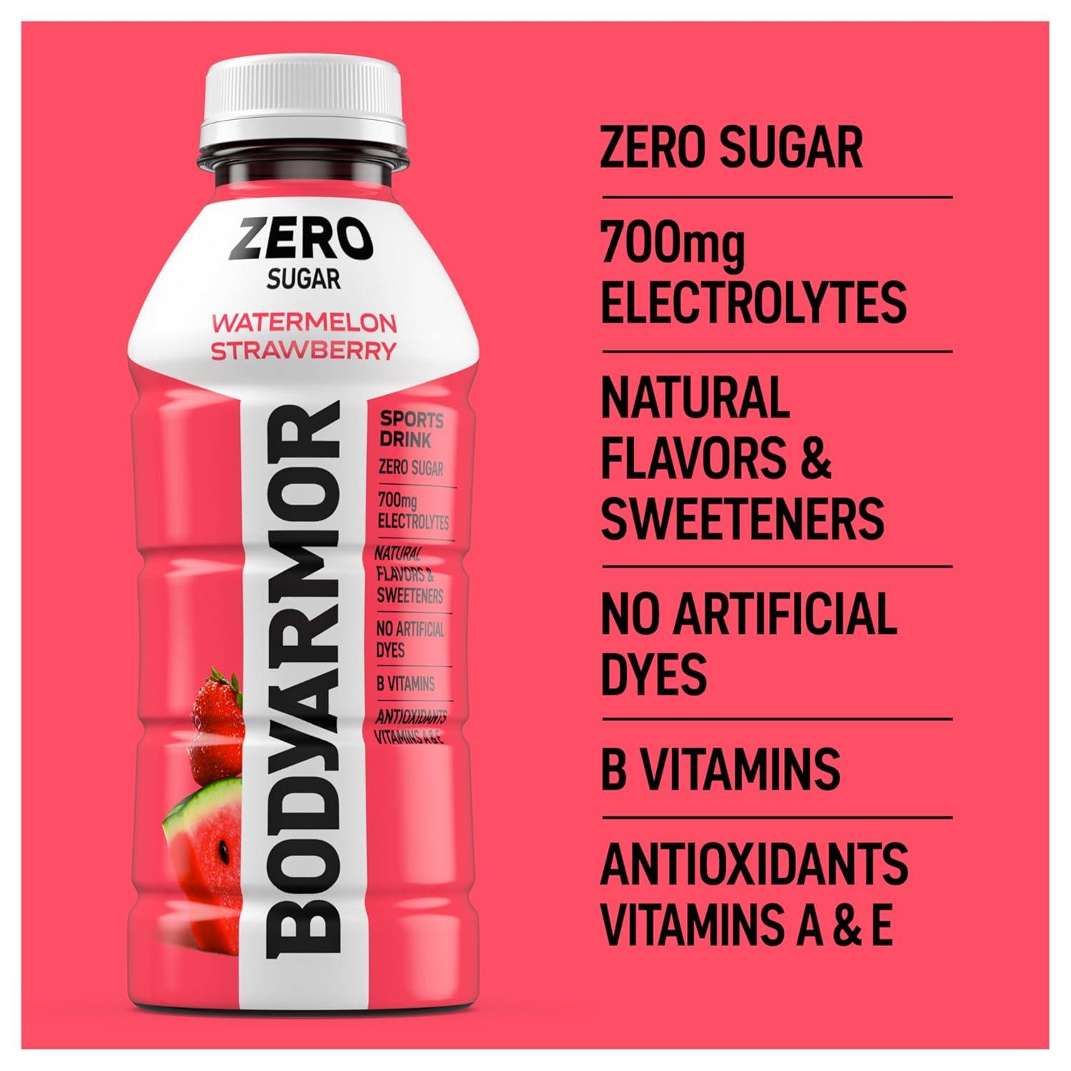 BODYARMOR ZERO Sugar Watermelon Strawberry Electrolyte Drink, Natural Flavors, 16 Fl Oz Bottles (12 Pack), B Vitamins & Antioxidants Sugar Free Hydration(Zero Watermelon Strawberry)