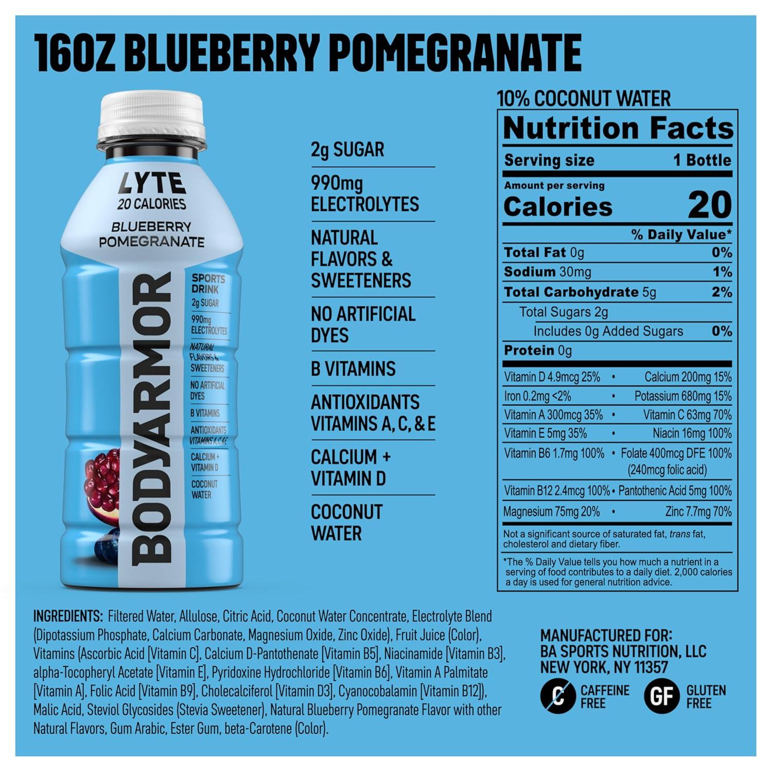 BODYARMOR ZERO Sugar Watermelon Strawberry Electrolyte Drink, Natural Flavors, 16 Fl Oz Bottles (12 Pack), B Vitamins & Antioxidants Sugar Free Hydration(Lyte Blueberry Pomegranate)