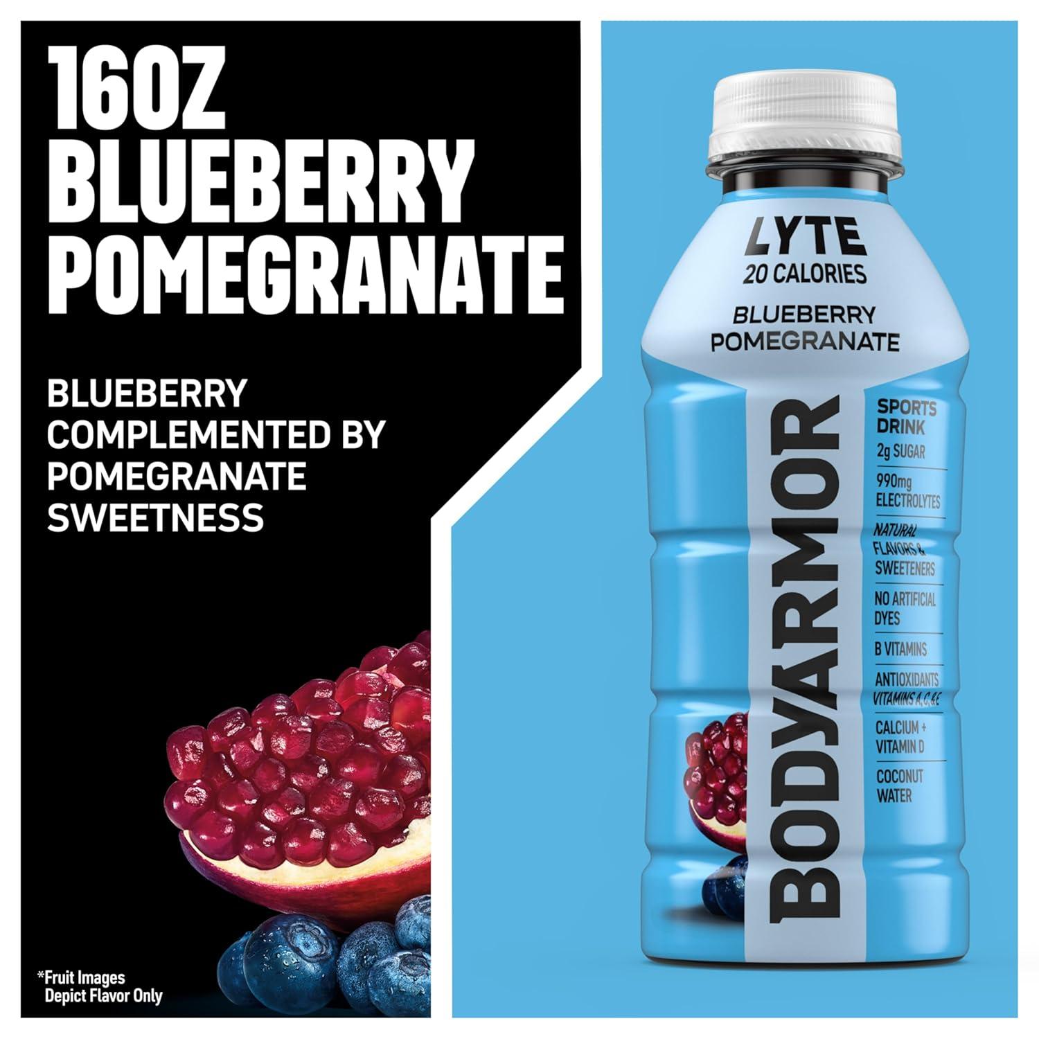 BODYARMOR ZERO Sugar Watermelon Strawberry Electrolyte Drink, Natural Flavors, 16 Fl Oz Bottles (12 Pack), B Vitamins & Antioxidants Sugar Free Hydration(Lyte Blueberry Pomegranate)