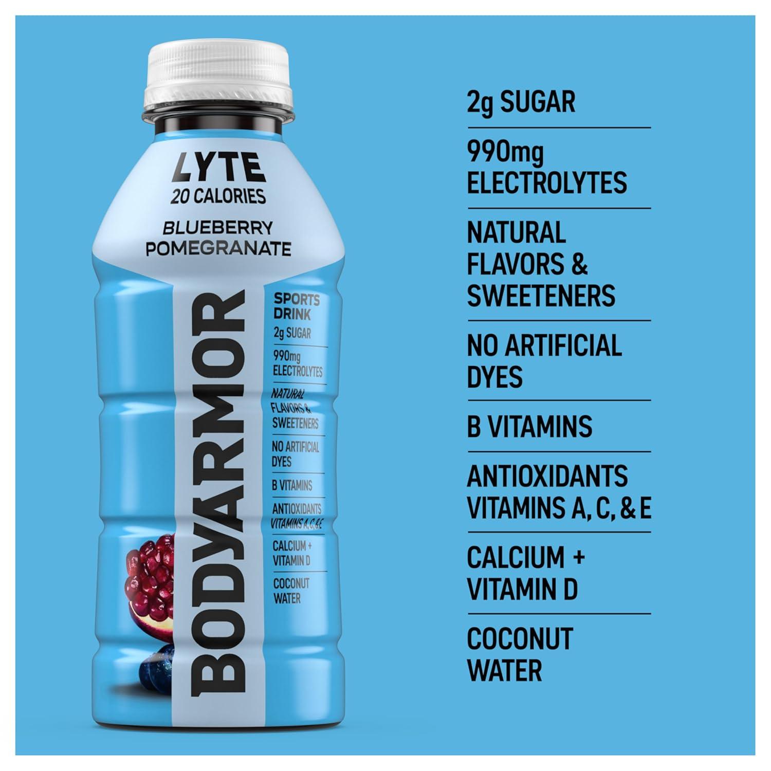 BODYARMOR ZERO Sugar Watermelon Strawberry Electrolyte Drink, Natural Flavors, 16 Fl Oz Bottles (12 Pack), B Vitamins & Antioxidants Sugar Free Hydration(Lyte Blueberry Pomegranate)