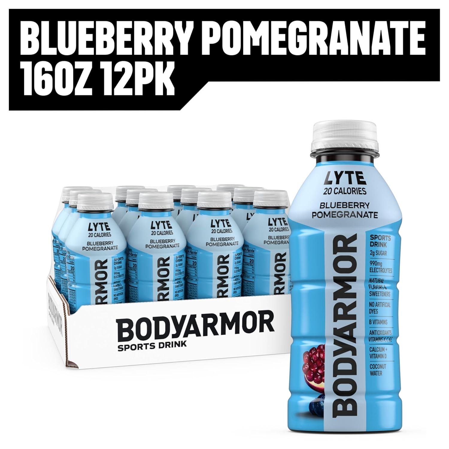 BODYARMOR ZERO Sugar Watermelon Strawberry Electrolyte Drink, Natural Flavors, 16 Fl Oz Bottles (12 Pack), B Vitamins & Antioxidants Sugar Free Hydration(Lyte Blueberry Pomegranate)