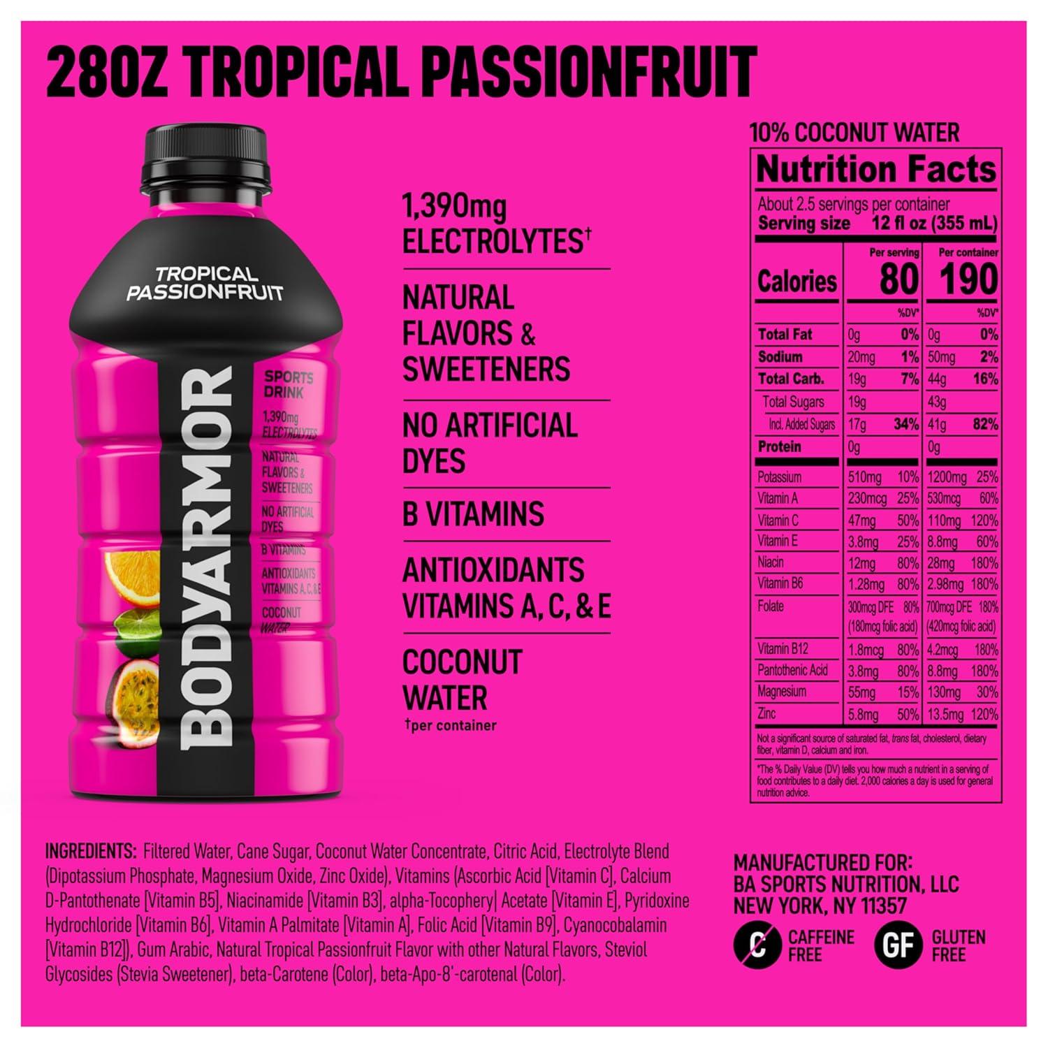 BODYARMOR Sports Drink, Blackout Berry, Electrolyte Drink Hydration, 28 Fl Oz Bottles (15 Pack), Flavored Coconut Water with B Vitamins & Antioxidants(Tropical Passionfruit)