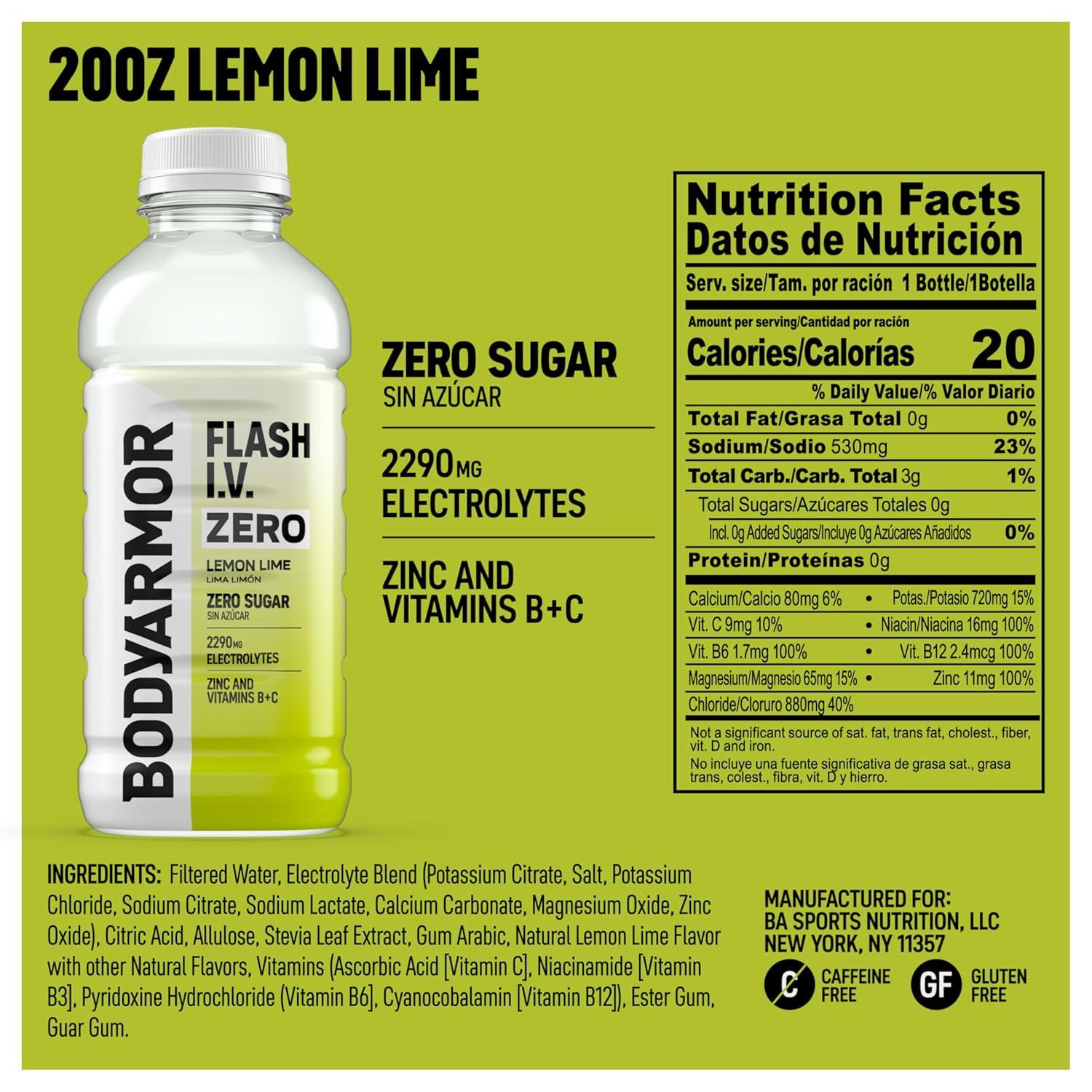 BODYARMOR Flash I.V. Zero Sugar + Caffeine, Pineapple Passionfruit Electrolyte Beverage, Hydration Drink For Rapid Rehydration, Post Workout Recovery, 20 Fl Oz (Pack of 12)(Zero Sugar – Lemon Lime)