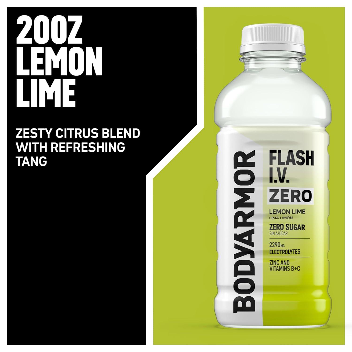 BODYARMOR Flash I.V. Zero Sugar + Caffeine, Pineapple Passionfruit Electrolyte Beverage, Hydration Drink For Rapid Rehydration, Post Workout Recovery, 20 Fl Oz (Pack of 12)(Zero Sugar – Lemon Lime)