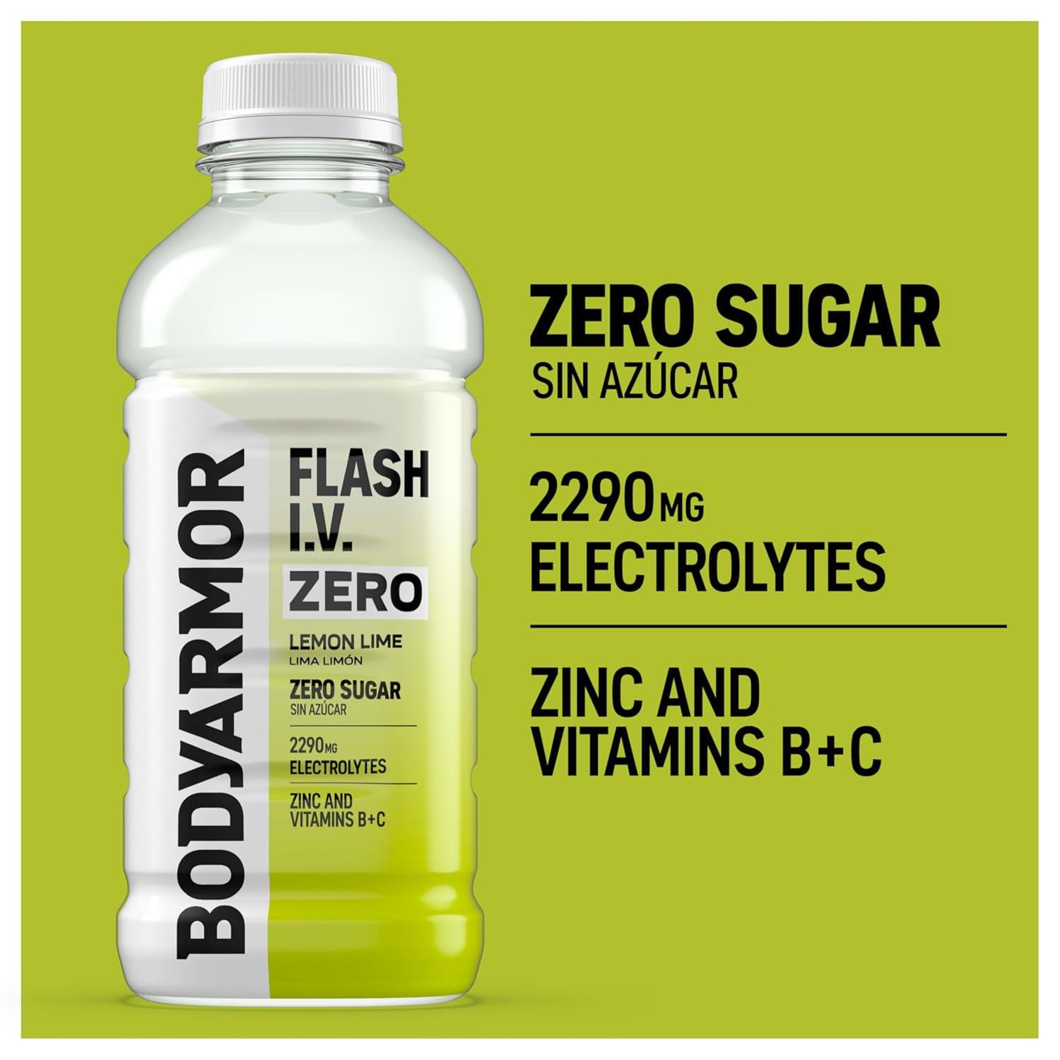BODYARMOR Flash I.V. Zero Sugar + Caffeine, Pineapple Passionfruit Electrolyte Beverage, Hydration Drink For Rapid Rehydration, Post Workout Recovery, 20 Fl Oz (Pack of 12)(Zero Sugar – Lemon Lime)