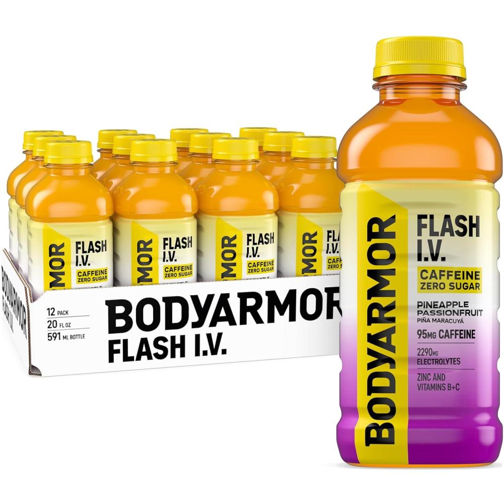 BODYARMOR Flash I.V. Zero Sugar + Caffeine, Pineapple Passionfruit Electrolyte Beverage, Hydration Drink For Rapid Rehydration, Post Workout Recovery, 20 Fl Oz (Pack of 12)(Zero Sugar – Caffeinated Pineapple Passionfruit)