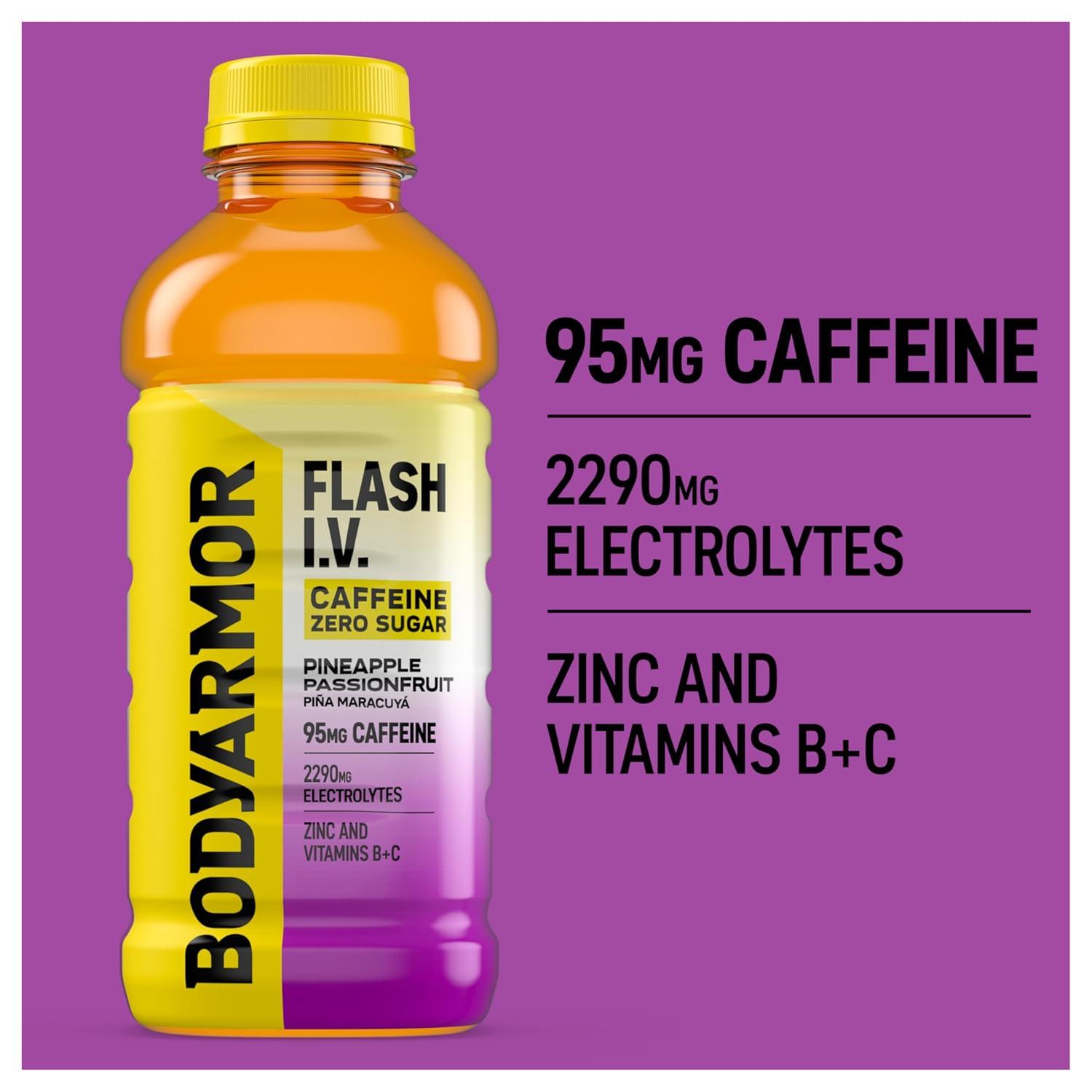 BODYARMOR Flash I.V. Zero Sugar + Caffeine, Pineapple Passionfruit Electrolyte Beverage, Hydration Drink For Rapid Rehydration, Post Workout Recovery, 20 Fl Oz (Pack of 12)(Zero Sugar – Caffeinated Pineapple Passionfruit)