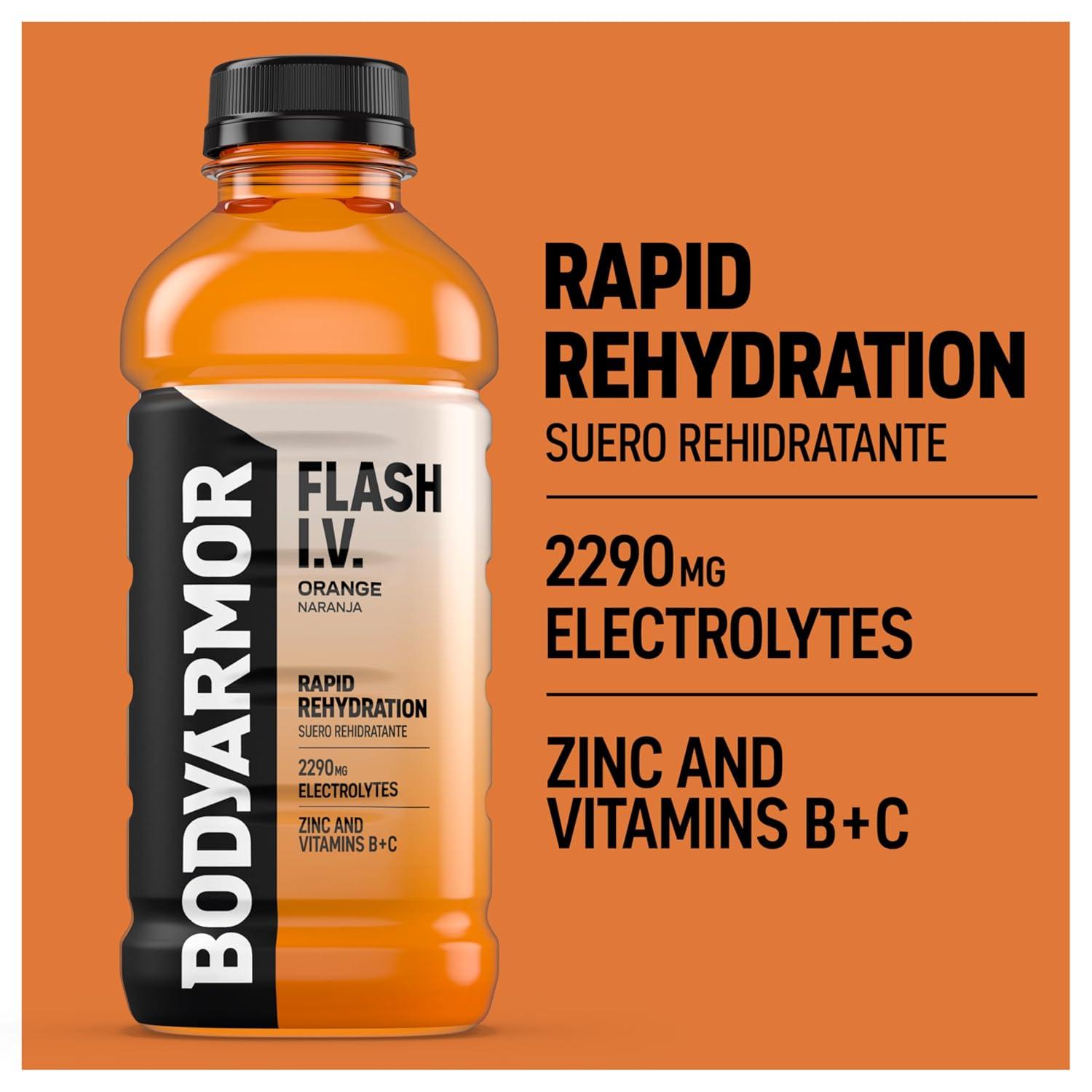 BODYARMOR Flash I.V. Electrolyte Beverage, Orange, Hydration Drink with Coconut Water For Rapid Rehydration, Post Workout Recovery, 20 Fl Oz (Pack of 12)