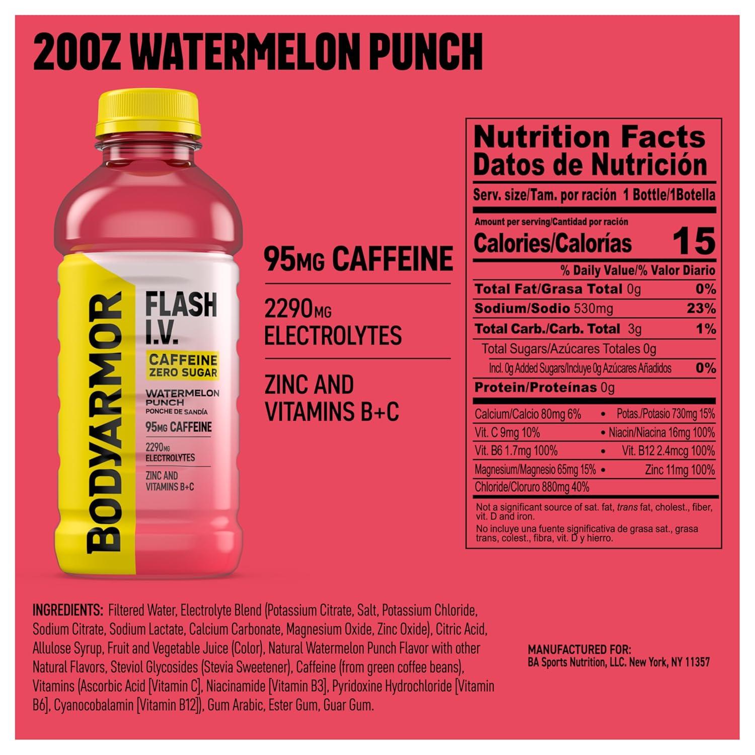 BODYARMOR Flash I.V. Zero Sugar + Caffeine, Pineapple Passionfruit Electrolyte Beverage, Hydration Drink For Rapid Rehydration, Post Workout Recovery, 20 Fl Oz (Pack of 12)(Zero Sugar – Caffeinated Watermelon Punch)