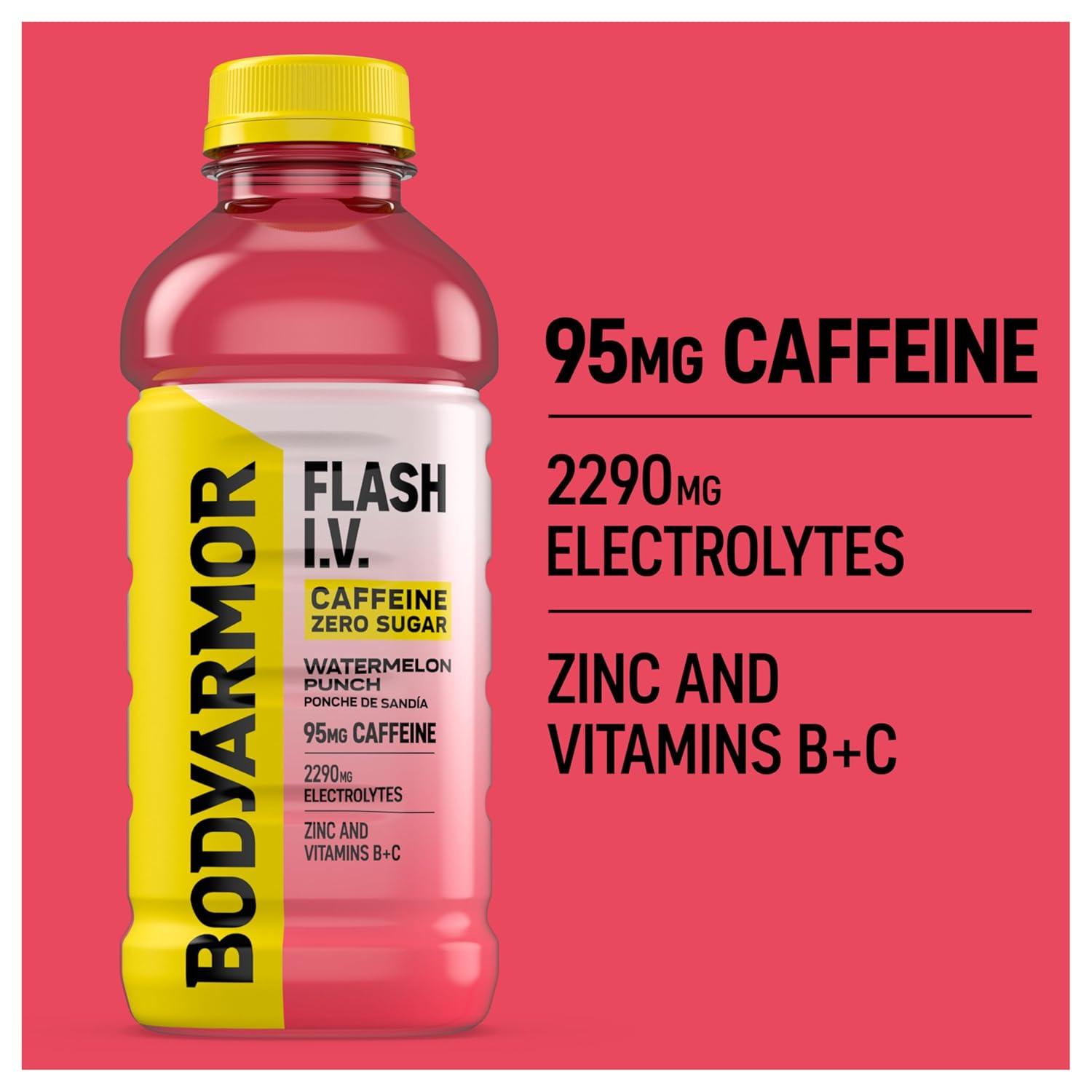 BODYARMOR Flash I.V. Zero Sugar + Caffeine, Pineapple Passionfruit Electrolyte Beverage, Hydration Drink For Rapid Rehydration, Post Workout Recovery, 20 Fl Oz (Pack of 12)(Zero Sugar – Caffeinated Watermelon Punch)