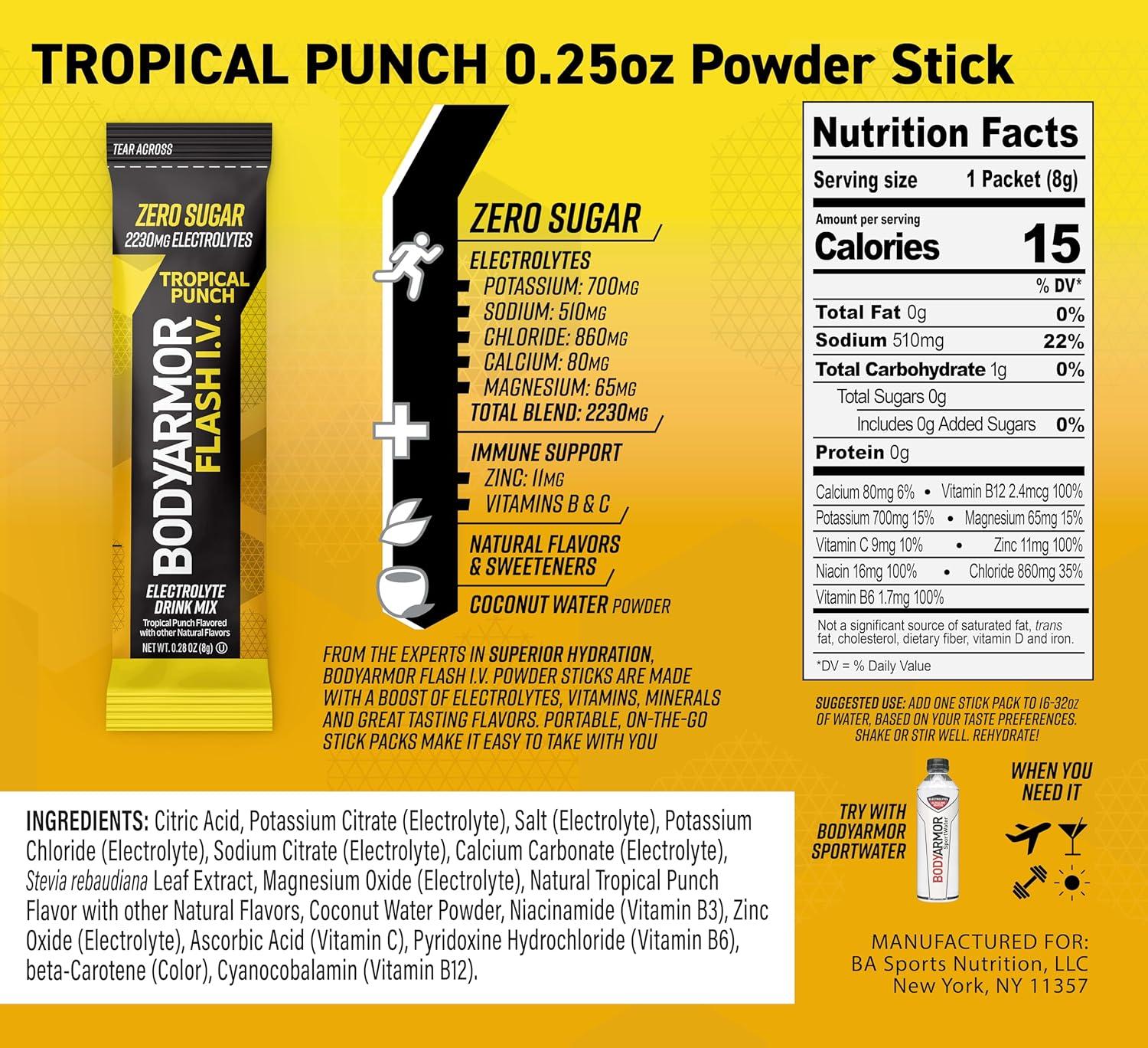 BODYARMOR Flash IV Electrolyte Packets, Lemon Lime – Zero Sugar Drink Mix, Single Serve Packs, Coconut Water Powder (15 Count)(Tropical Punch)