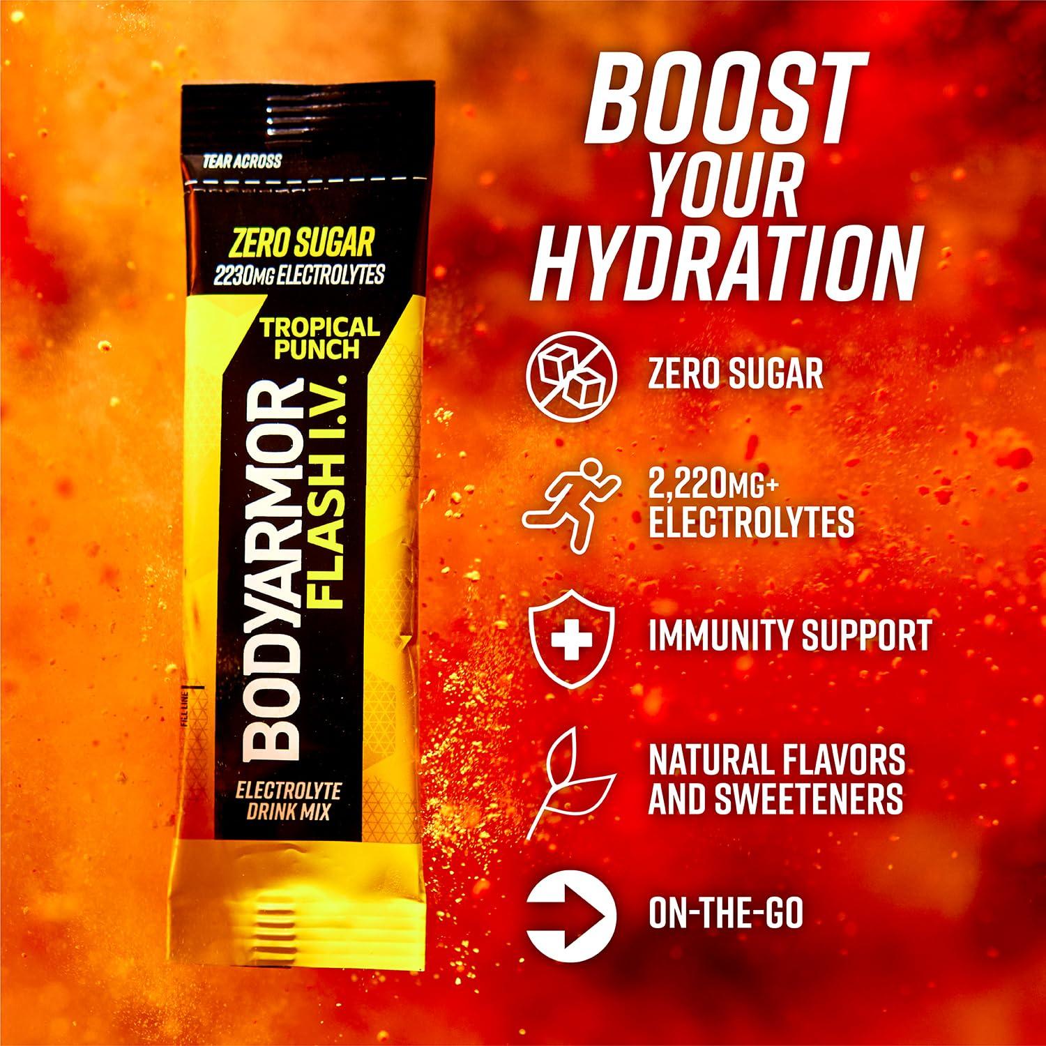 BODYARMOR Flash IV Electrolyte Packets, Lemon Lime – Zero Sugar Drink Mix, Single Serve Packs, Coconut Water Powder (15 Count)(Tropical Punch)