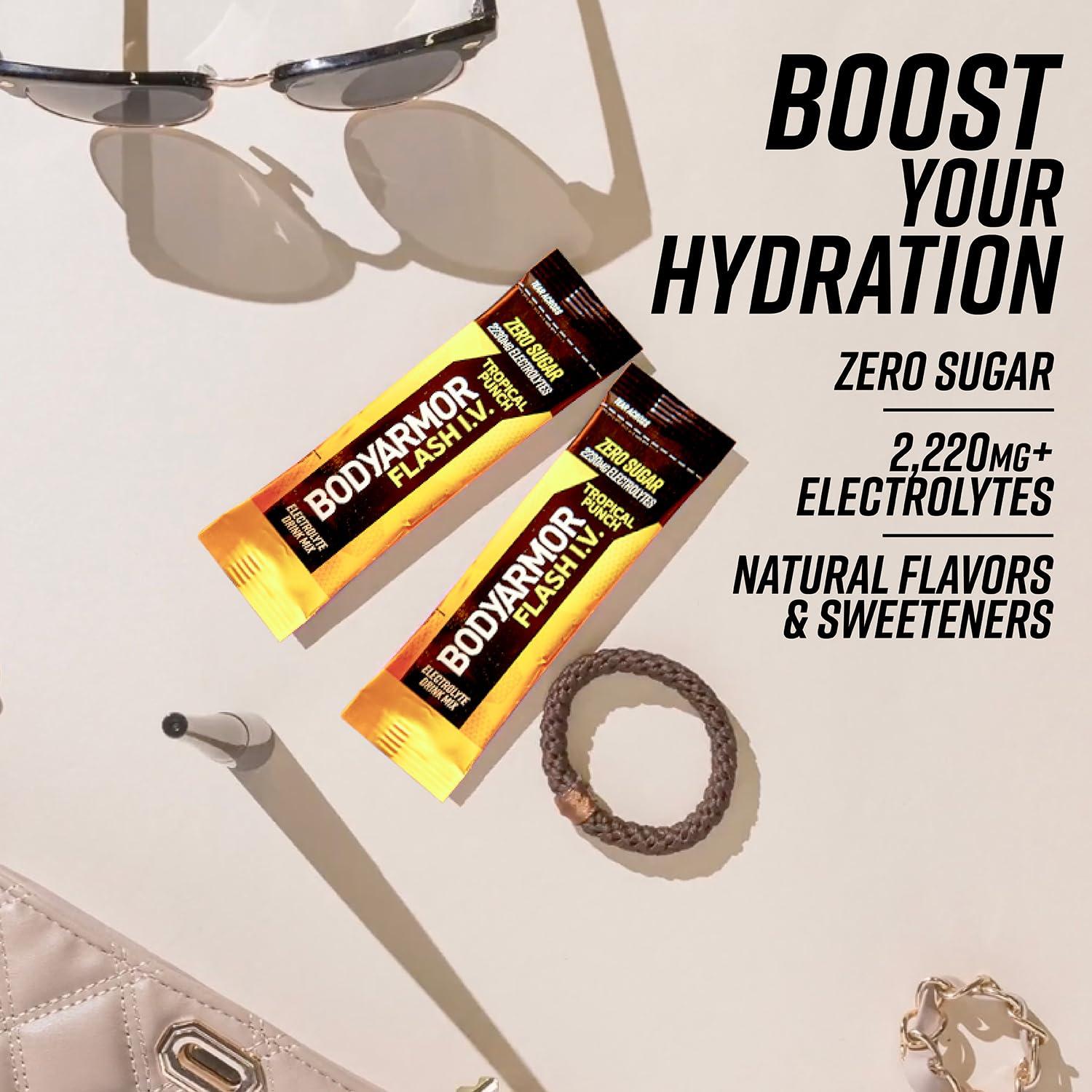 BODYARMOR Flash IV Electrolyte Packets, Lemon Lime – Zero Sugar Drink Mix, Single Serve Packs, Coconut Water Powder (15 Count)(Tropical Punch)