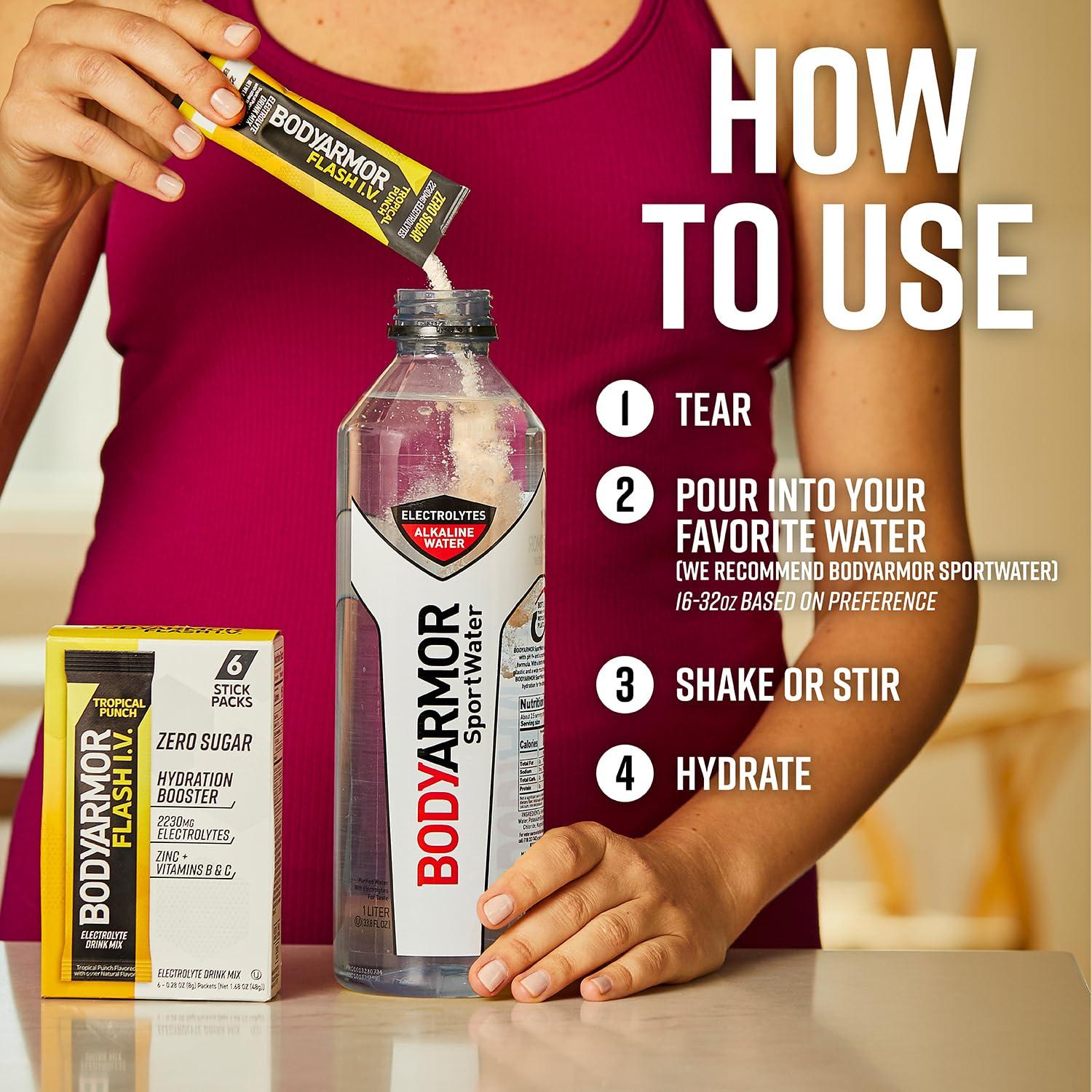 BODYARMOR Flash IV Electrolyte Packets, Lemon Lime – Zero Sugar Drink Mix, Single Serve Packs, Coconut Water Powder (15 Count)(Tropical Punch)